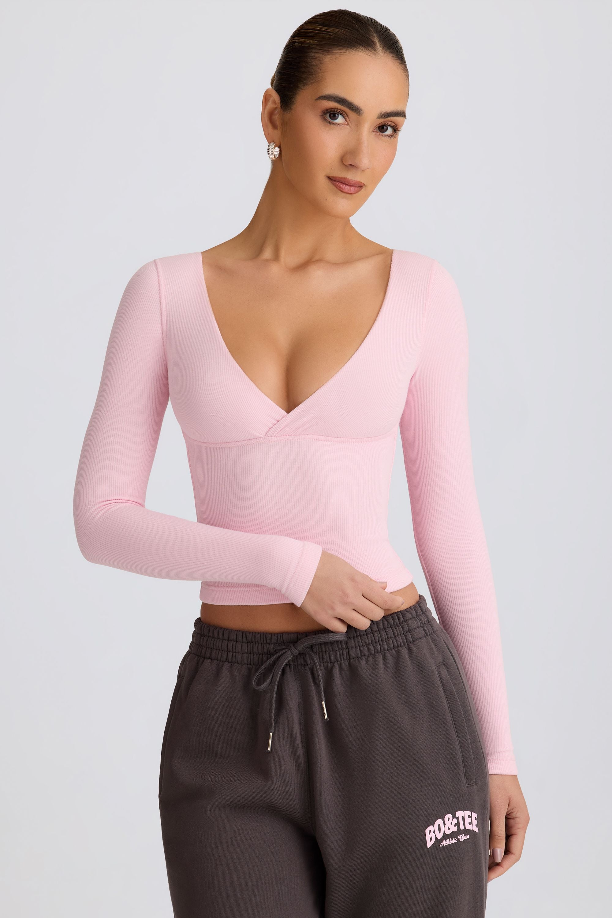 Ribbed Modal Ruched V-Neck Top in Soft Pink