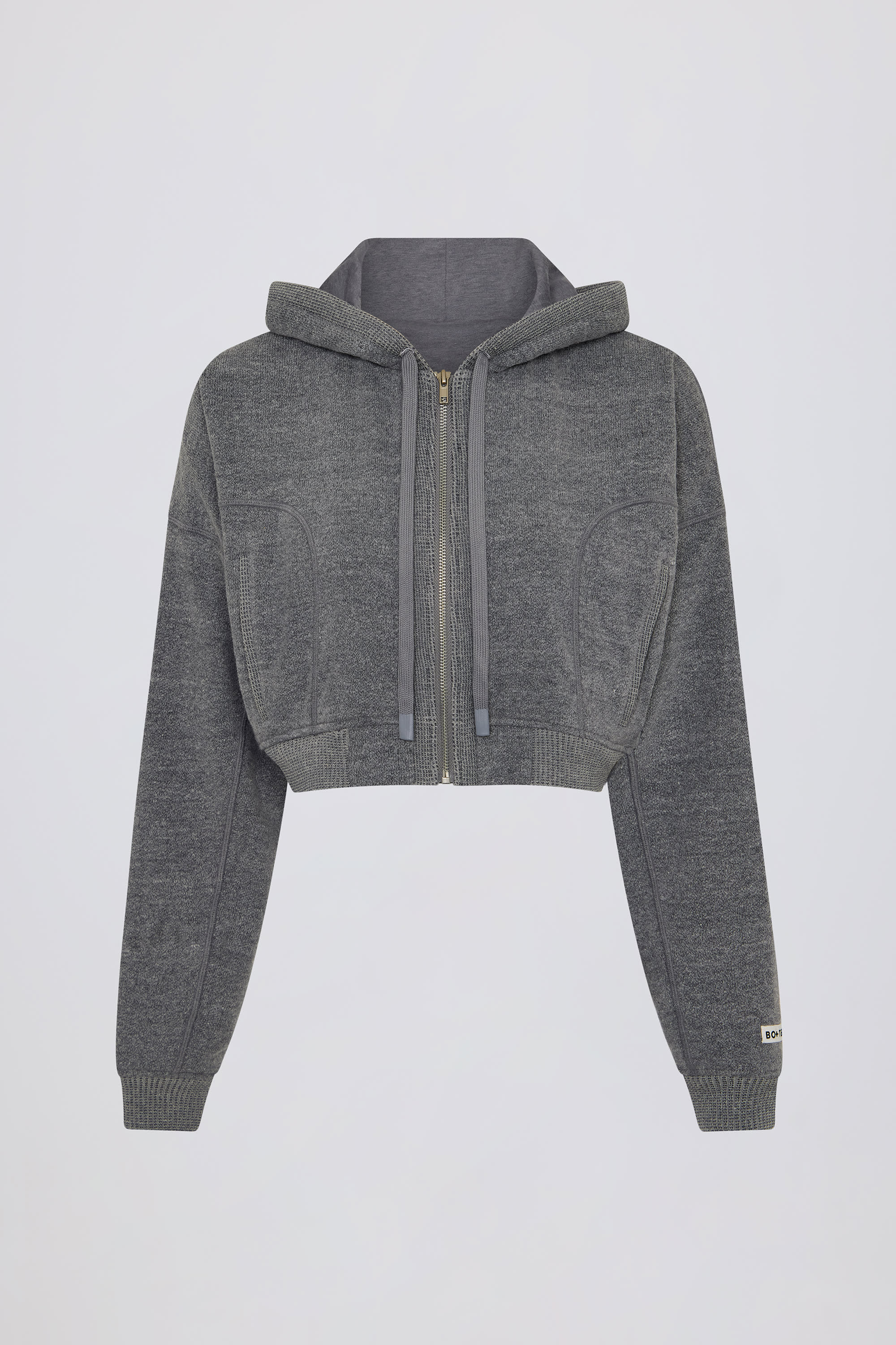 Terry Cotton Zip-Up Cropped Hoodie in Dark Grey
