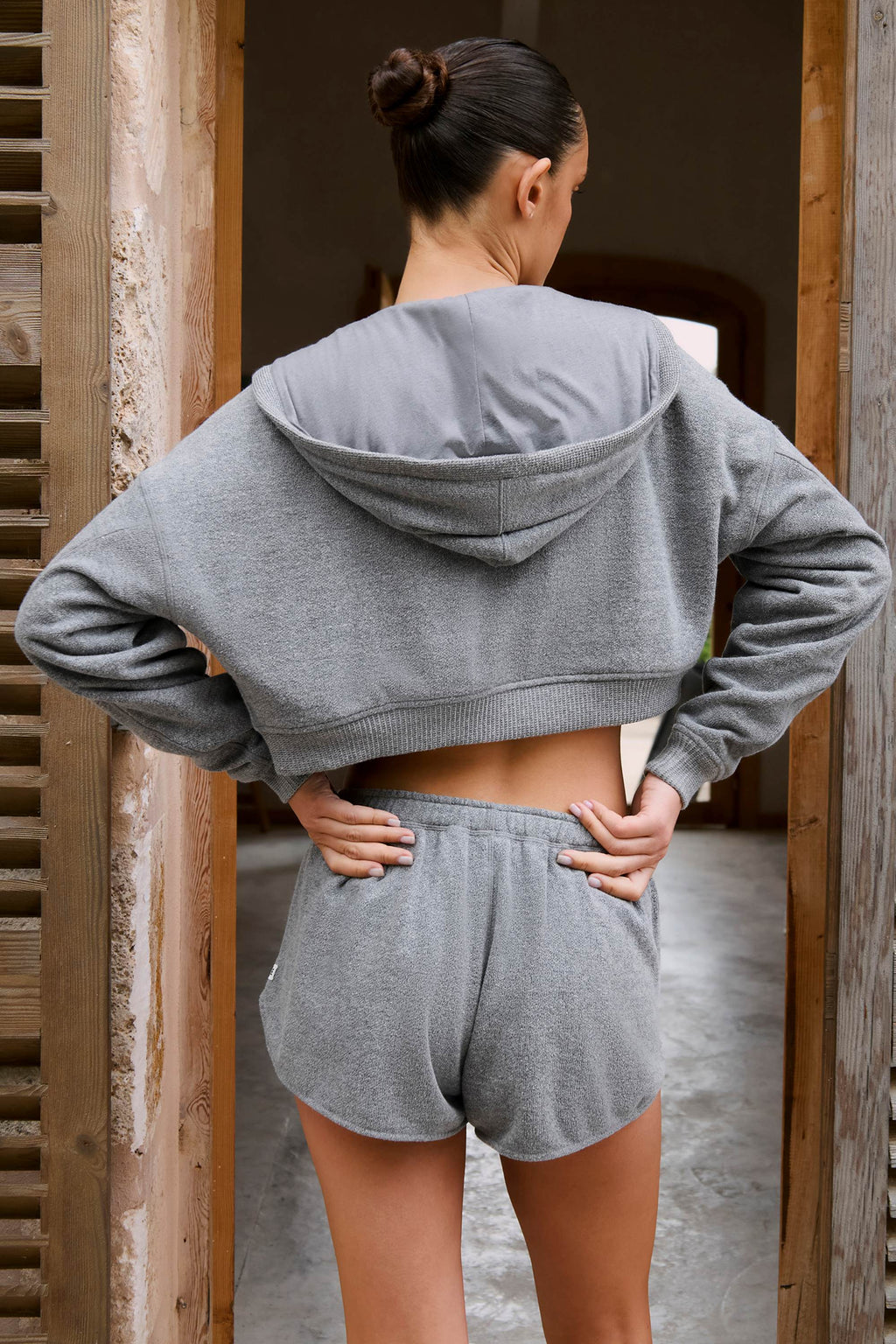 Terry Cotton Zip-Up Cropped Hoodie in Dark Grey