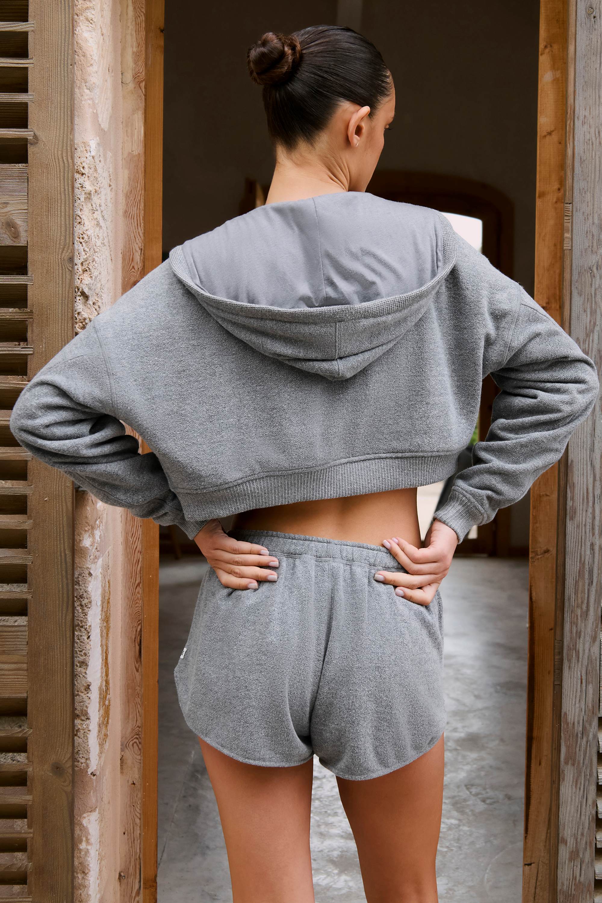 Terry Cotton Zip-Up Cropped Hoodie in Dark Grey
