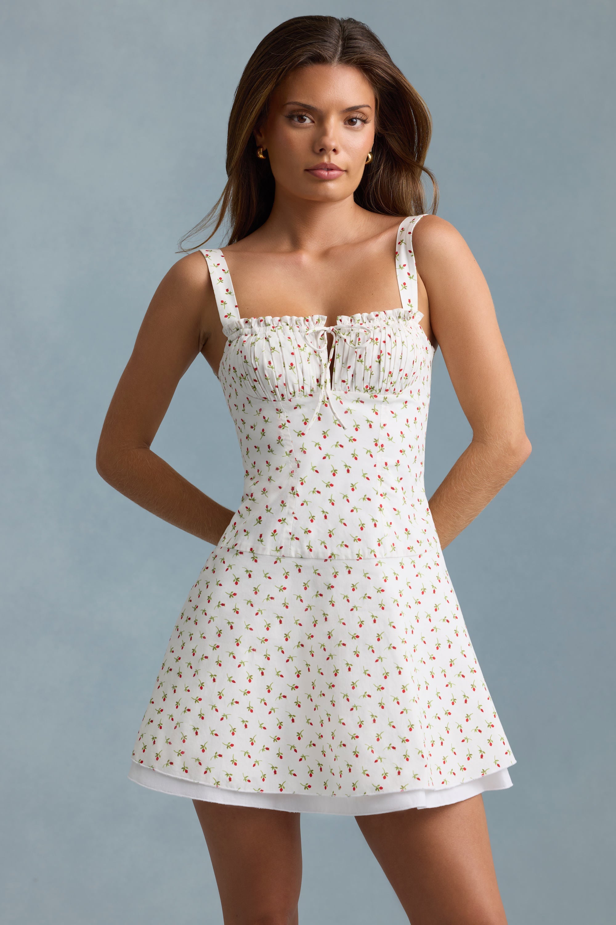 Lace-Up Cotton-Poplin Mini Dress in Rose Print