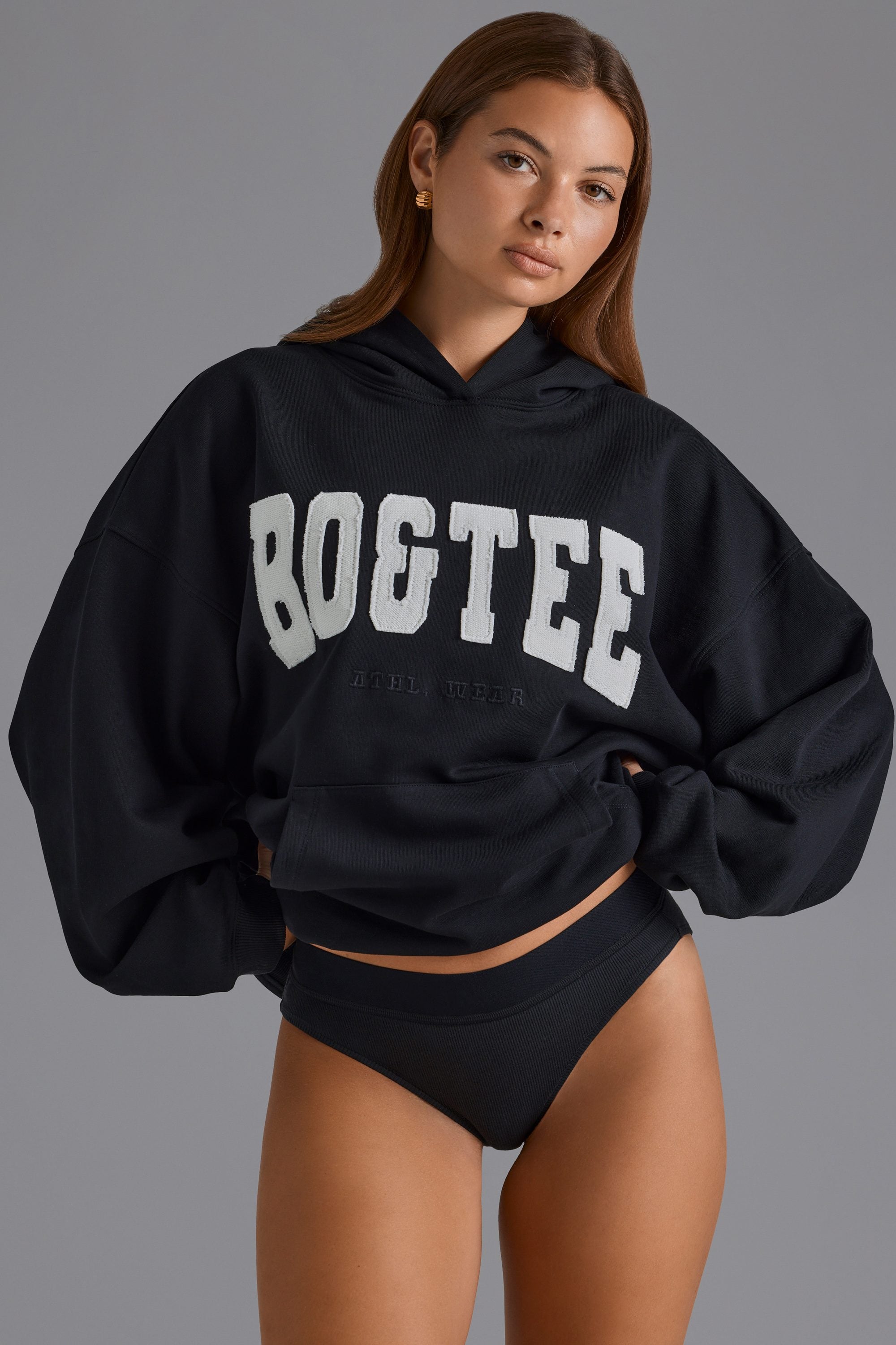 Cotton Fleece Appliqué Oversized Hoodie in Black