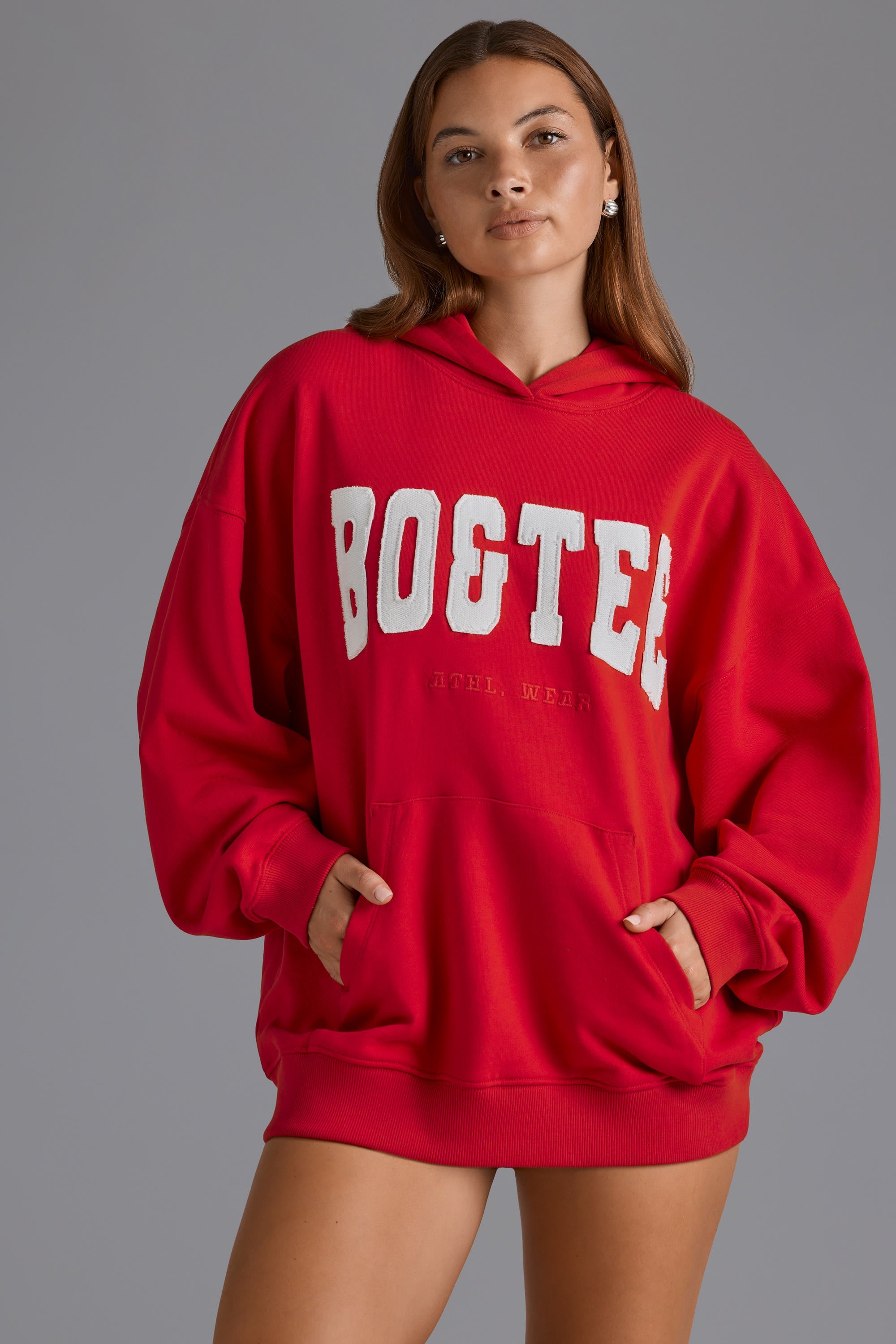 Cotton Fleece Appliqué Oversized Hoodie in Cherry Red