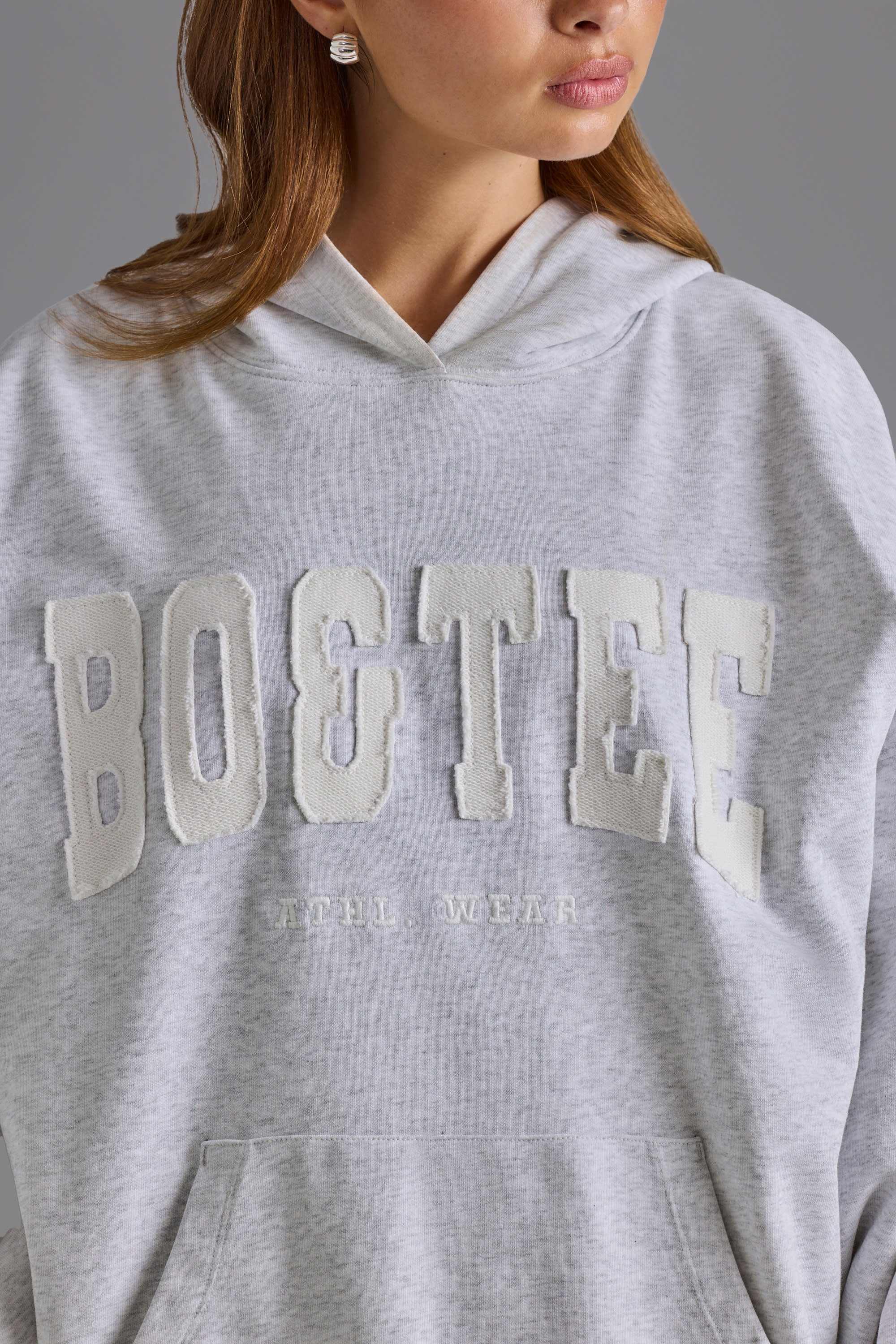 Cotton Fleece Appliqué Oversized Hoodie in Grey Marl