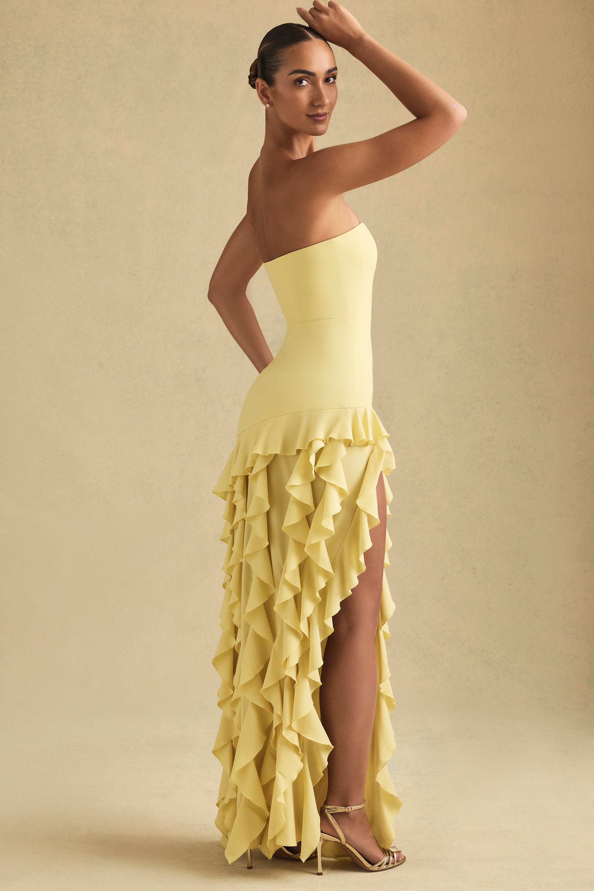Ruffle-Trim Strapless Gown in Pastel Yellow