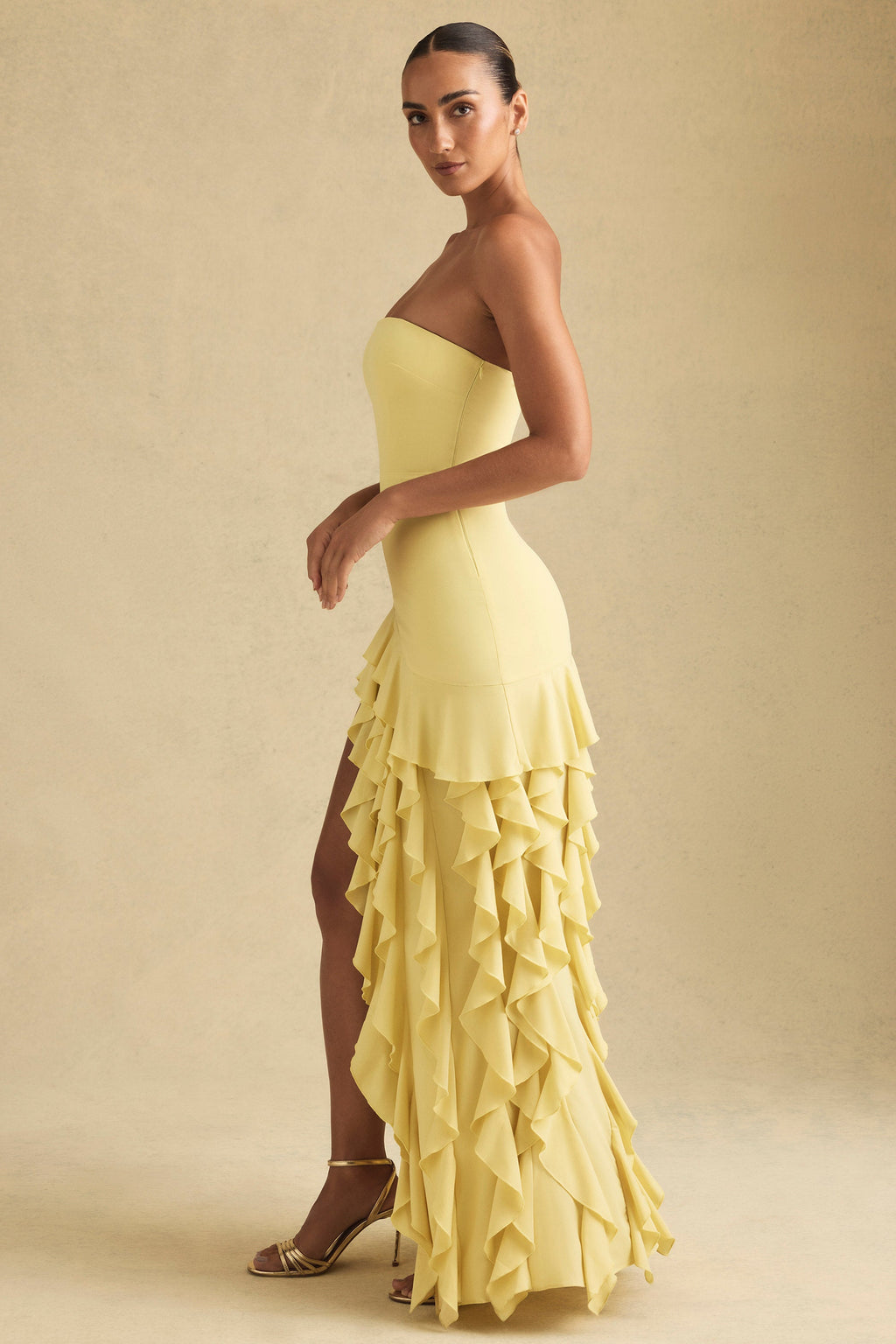 Ruffle-Trim Strapless Gown in Pastel Yellow
