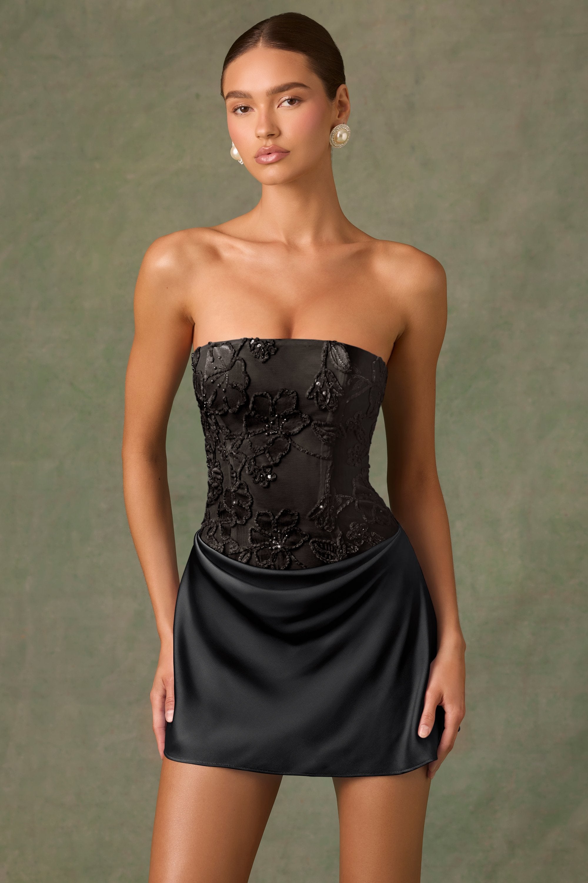 Embellished Draped Strapless A-Line Mini Dress in Black