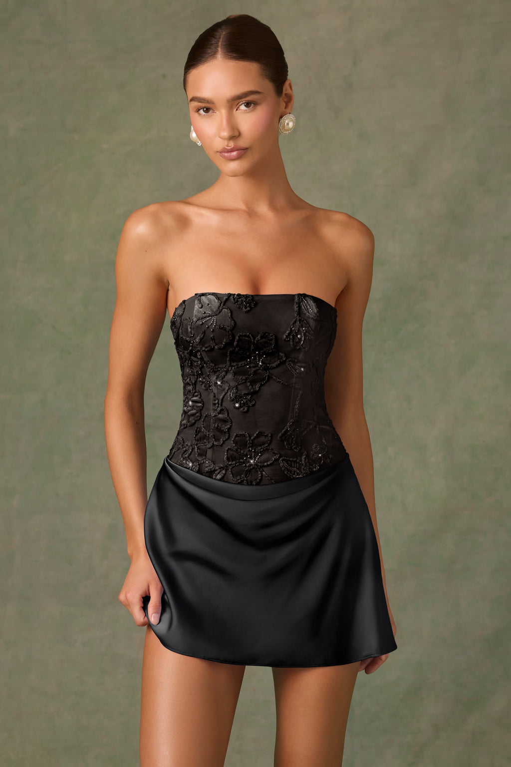 Embellished Draped Strapless A-Line Mini Dress in Black