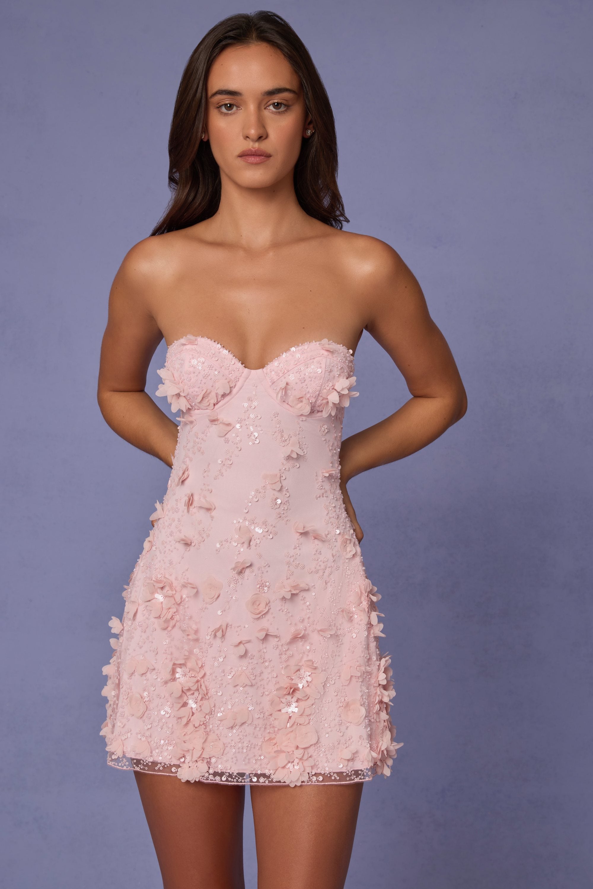 Embellished Bandeau A-line Mini Dress in Ballet Pink