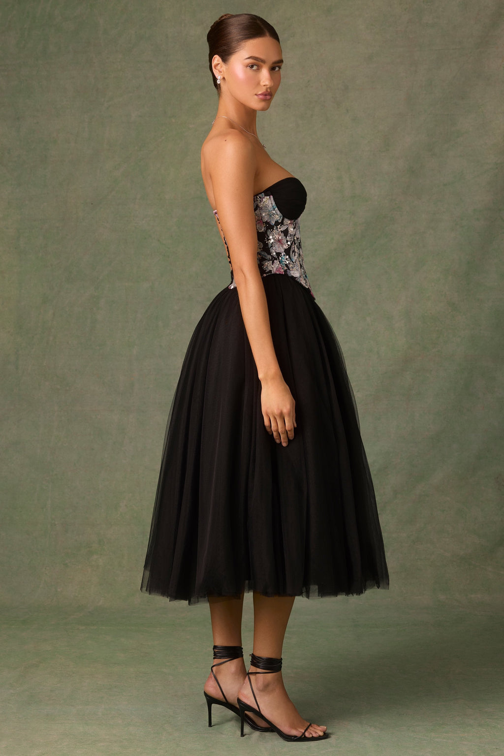 Embellished Lace-Up Cupless Corset in Floral Black