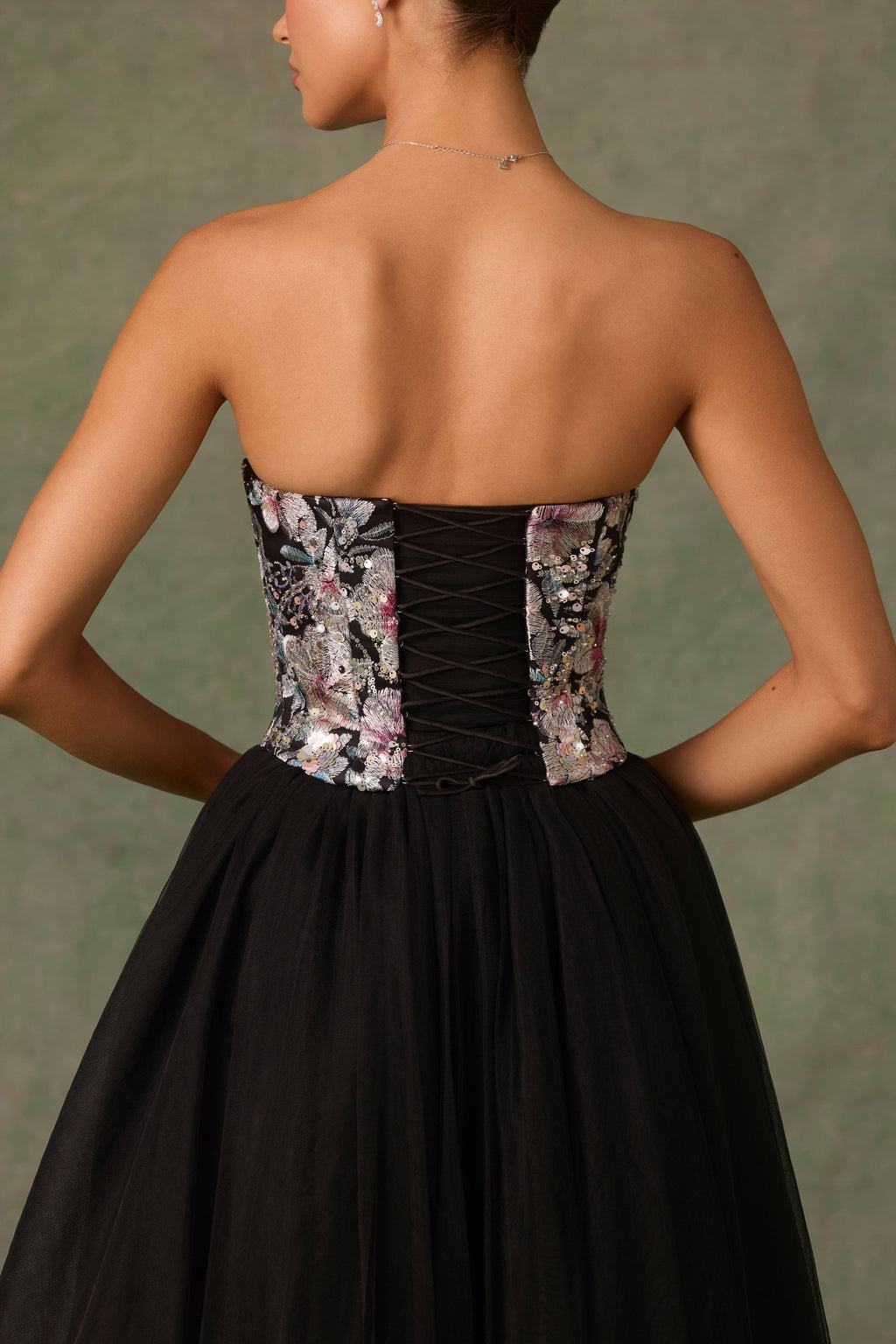 Embellished Lace-Up Cupless Corset in Floral Black