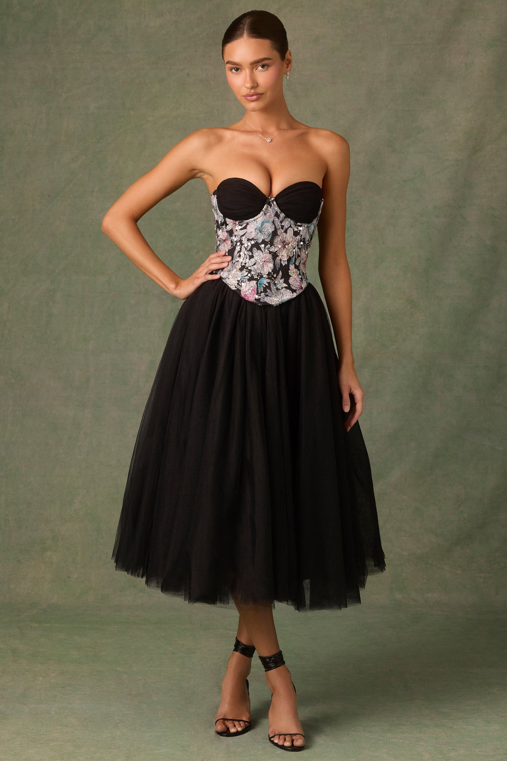 Embellished Lace-Up Cupless Corset in Floral Black