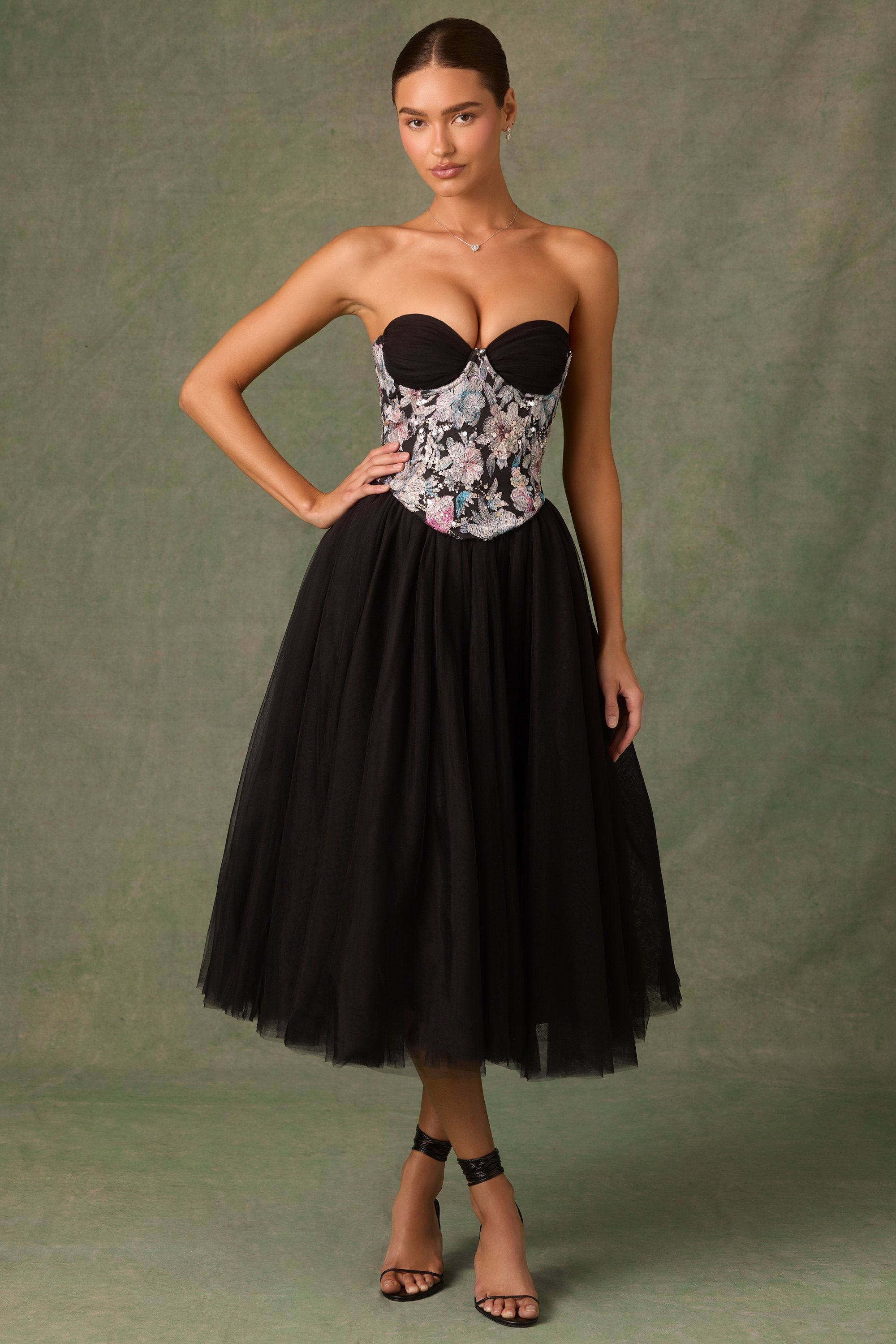 Embellished Lace-Up Cupless Corset in Floral Black