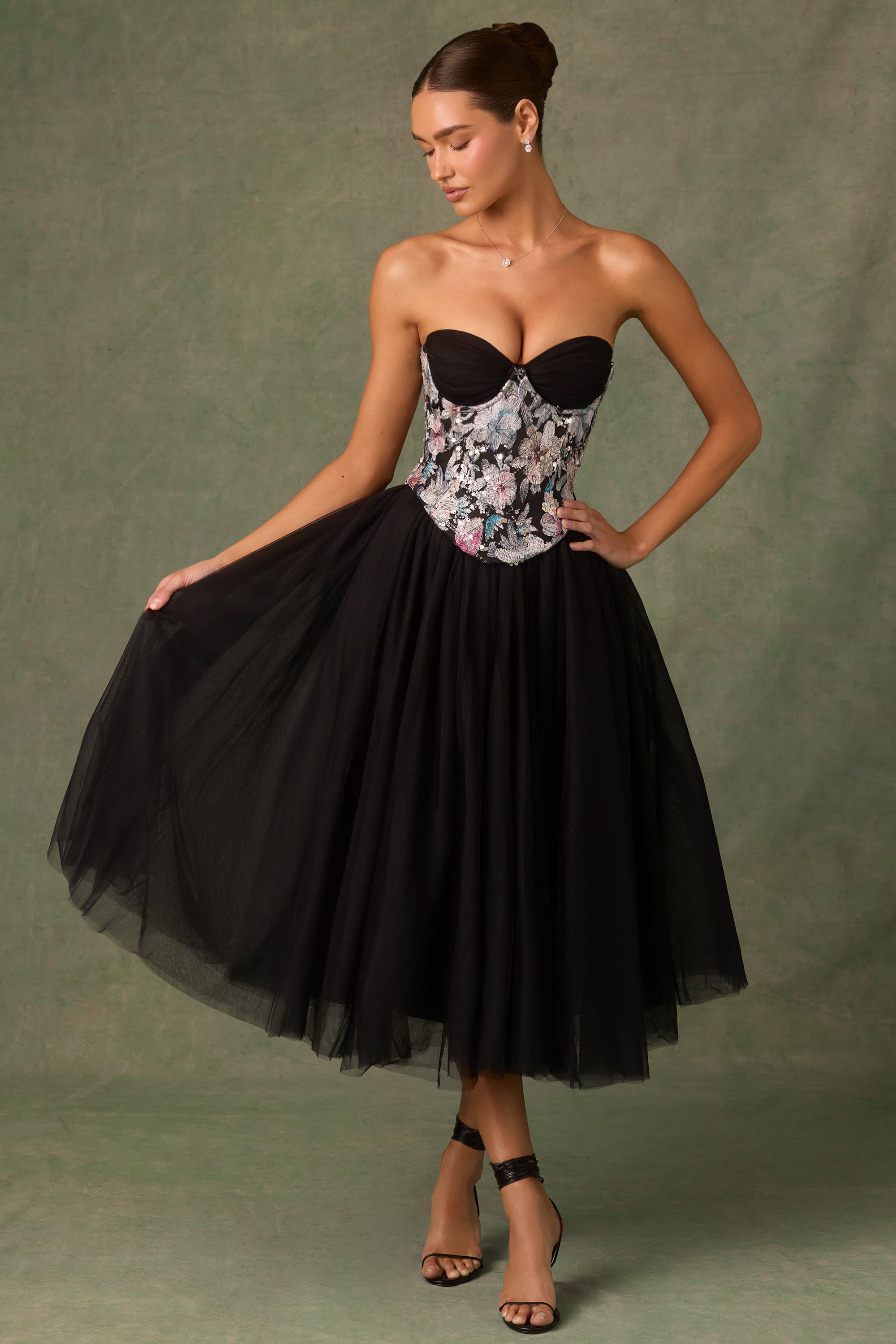 Embellished Lace-Up Cupless Corset in Floral Black