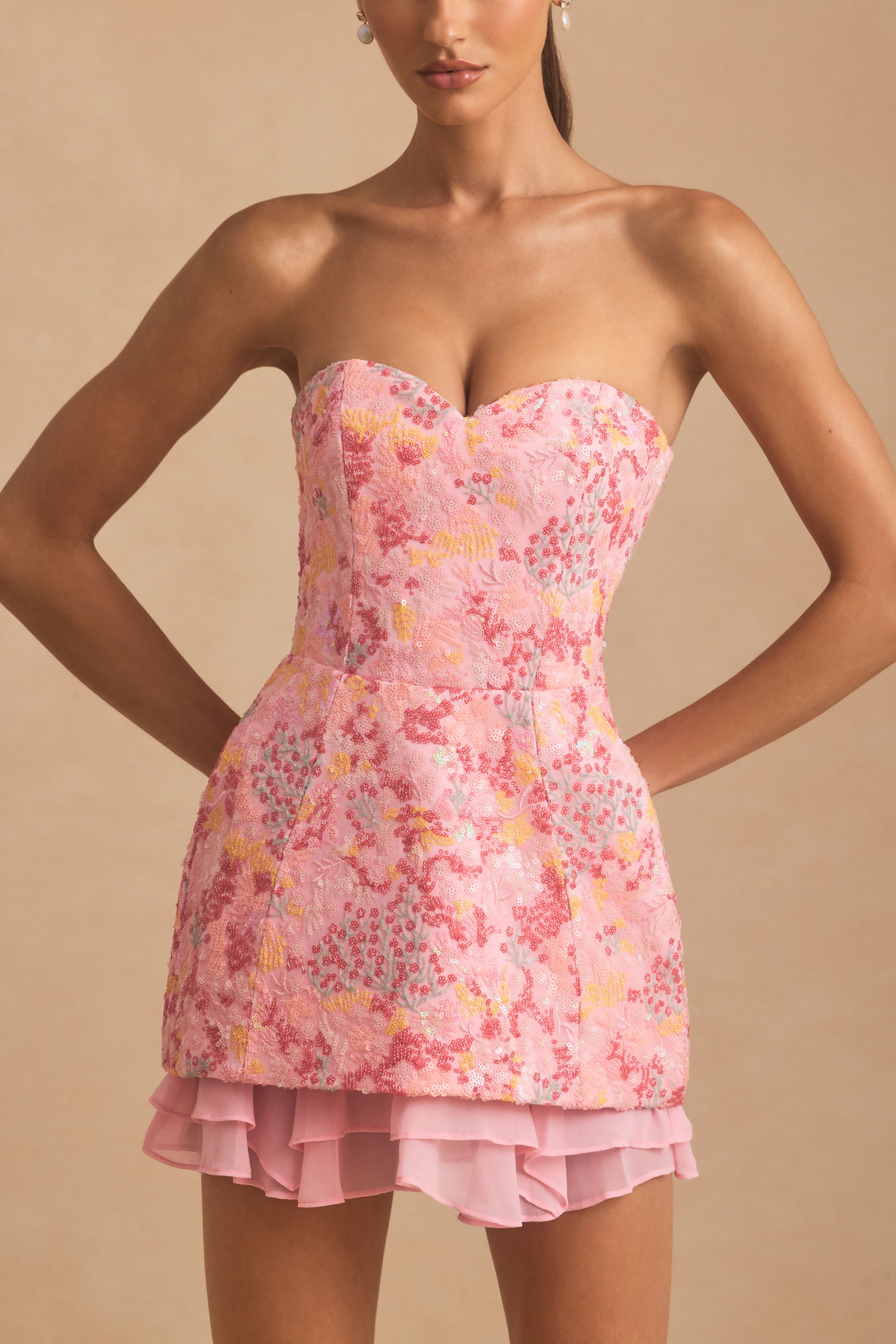 Embellished Strapless Corset Mini Dress in Pink