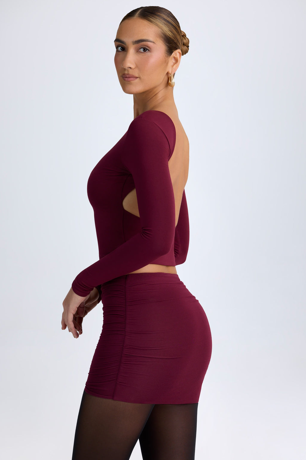 Modal High Neck Long Sleeve Open Back Top in Wine Red