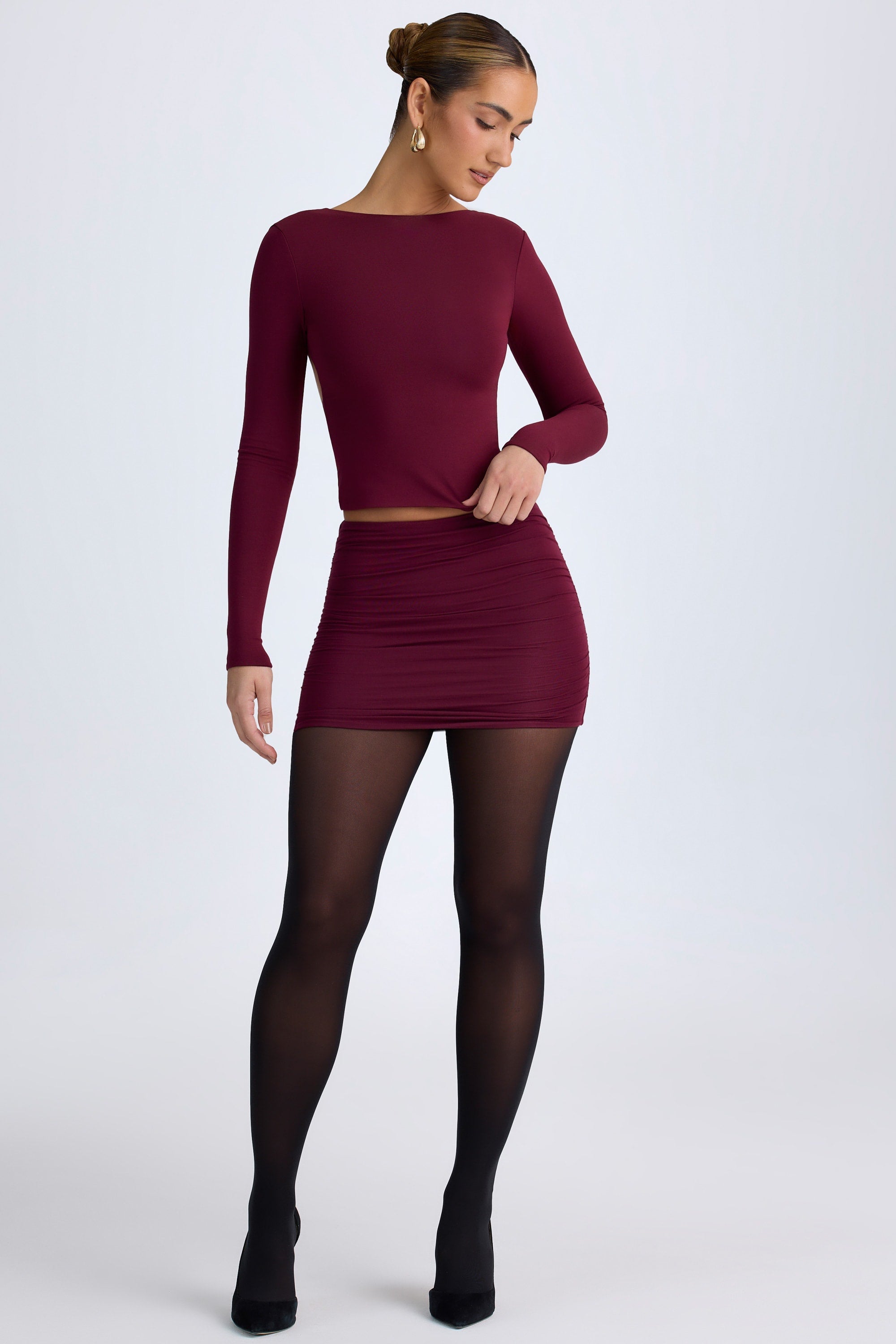 Modal High Neck Long Sleeve Open Back Top in Wine Red