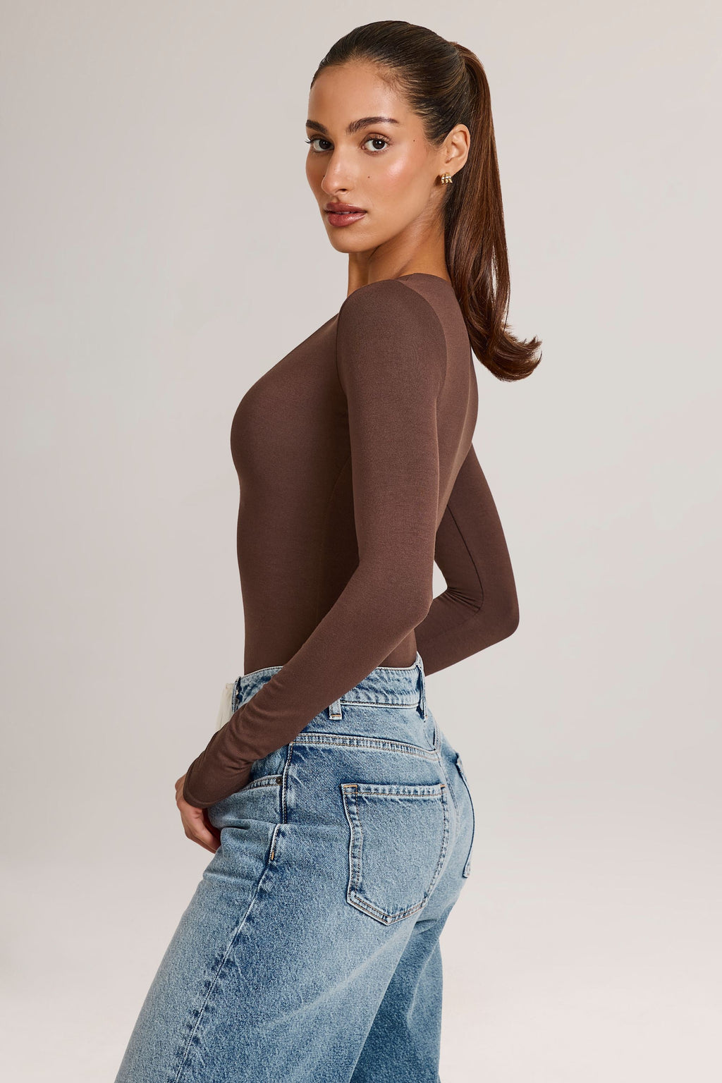 Modal Plunge Long-Sleeve Bodysuit in Chocolate Brown
