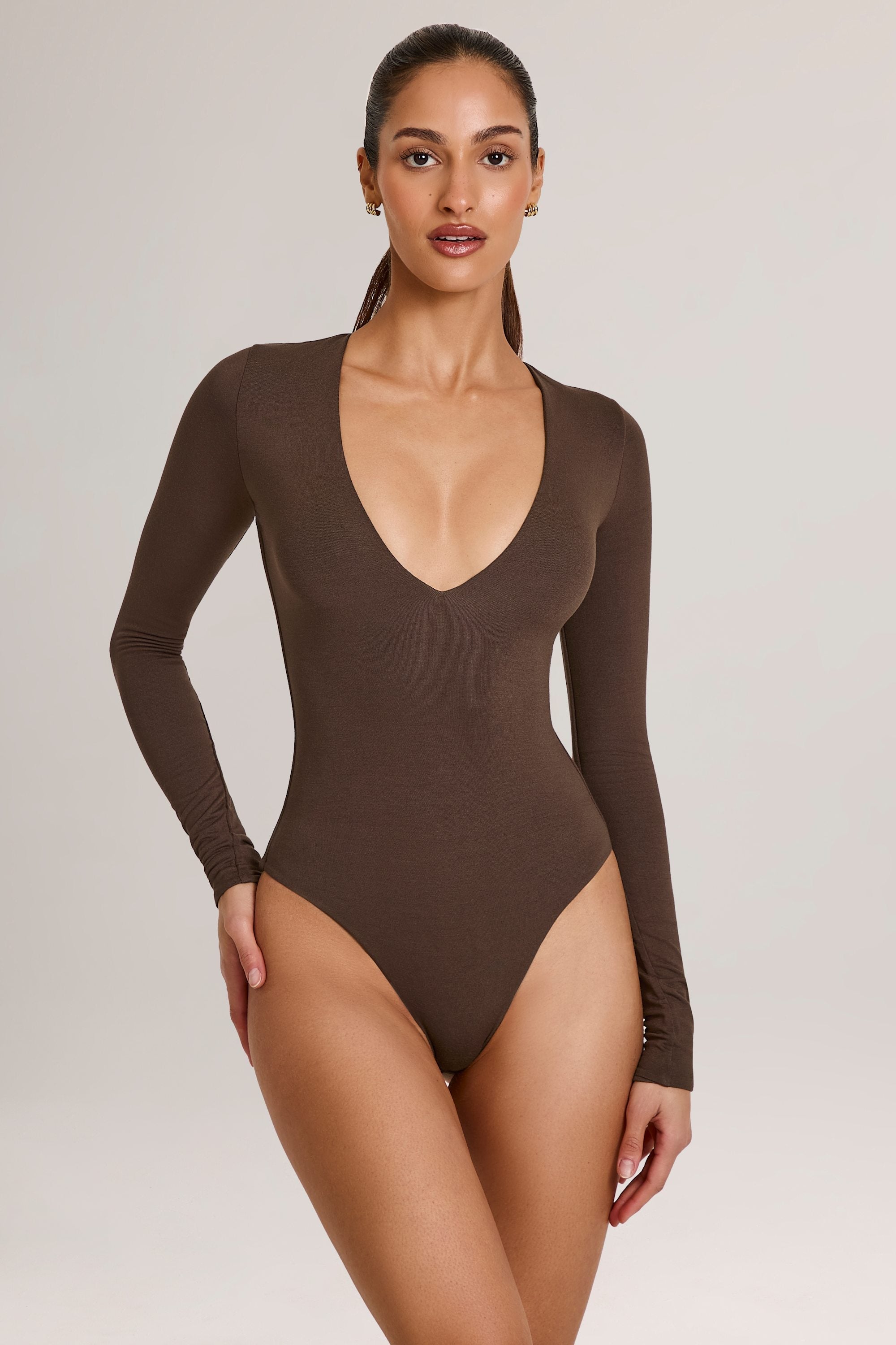 Modal Plunge Long-Sleeve Bodysuit in Chocolate Brown