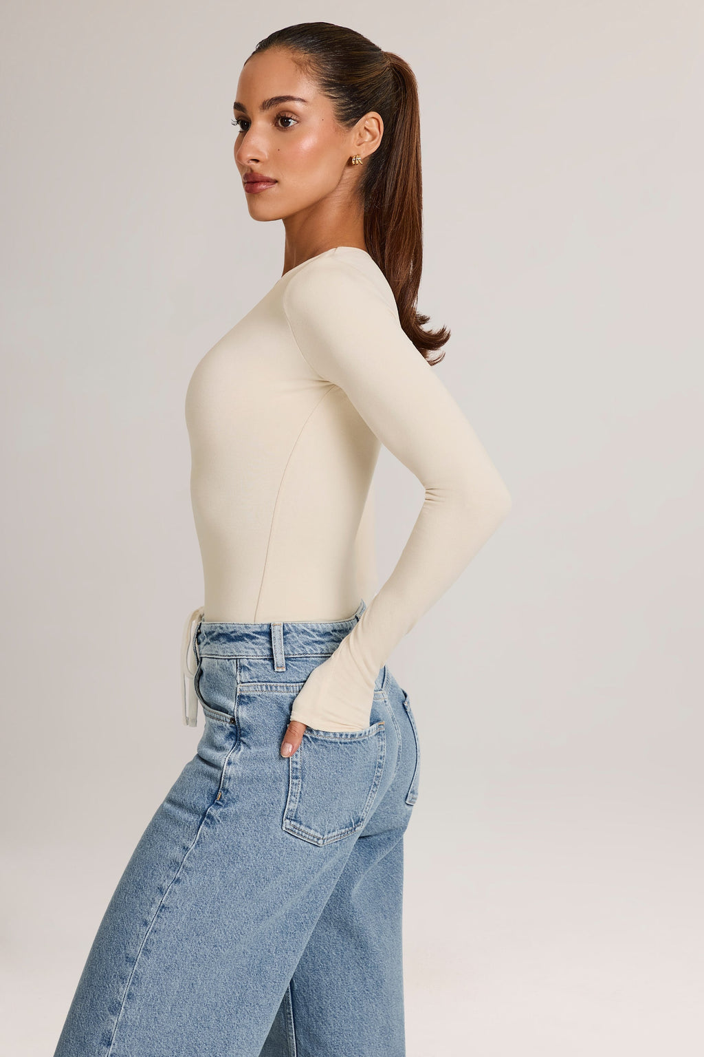 Modal Plunge Long-Sleeve Bodysuit  in Ivory