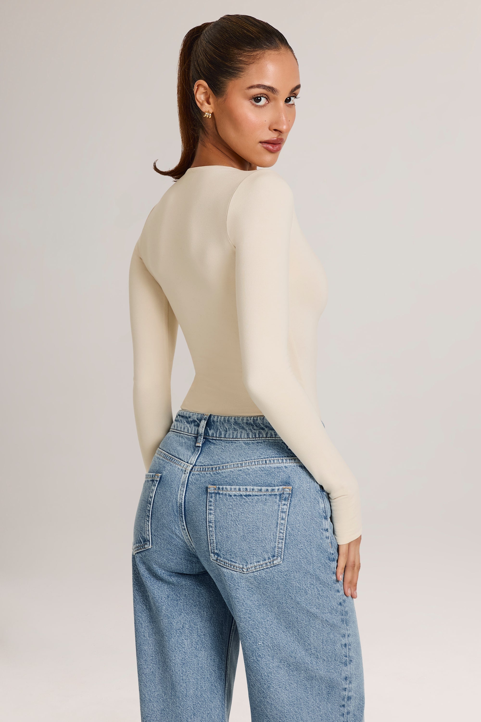 Modal Plunge Long-Sleeve Bodysuit  in Ivory