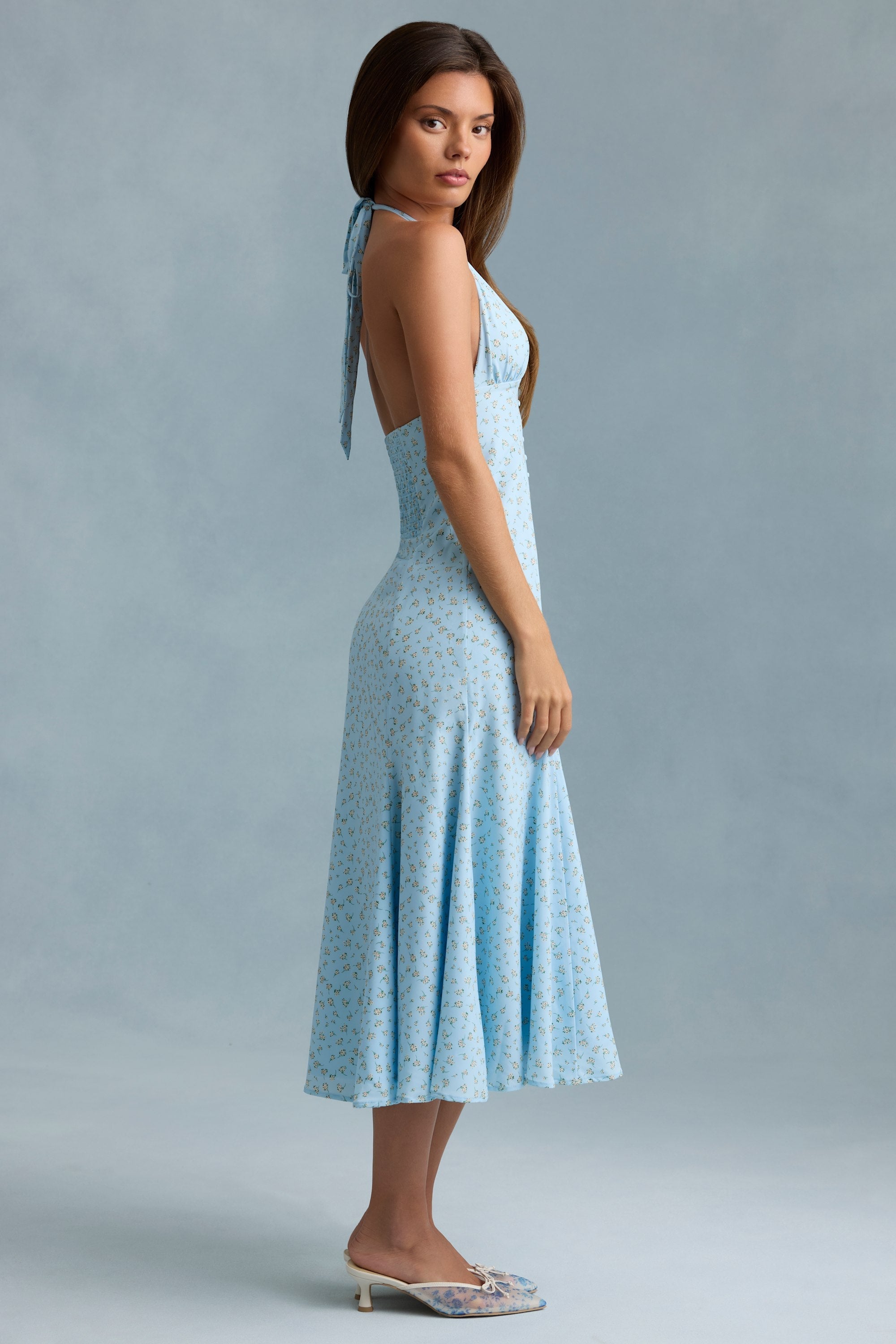 Halterneck Midaxi Dress in Blue Flower Print