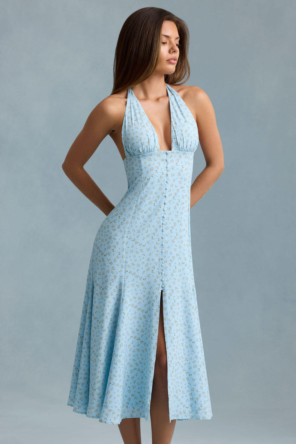 Halterneck Midaxi Dress in Blue Flower Print