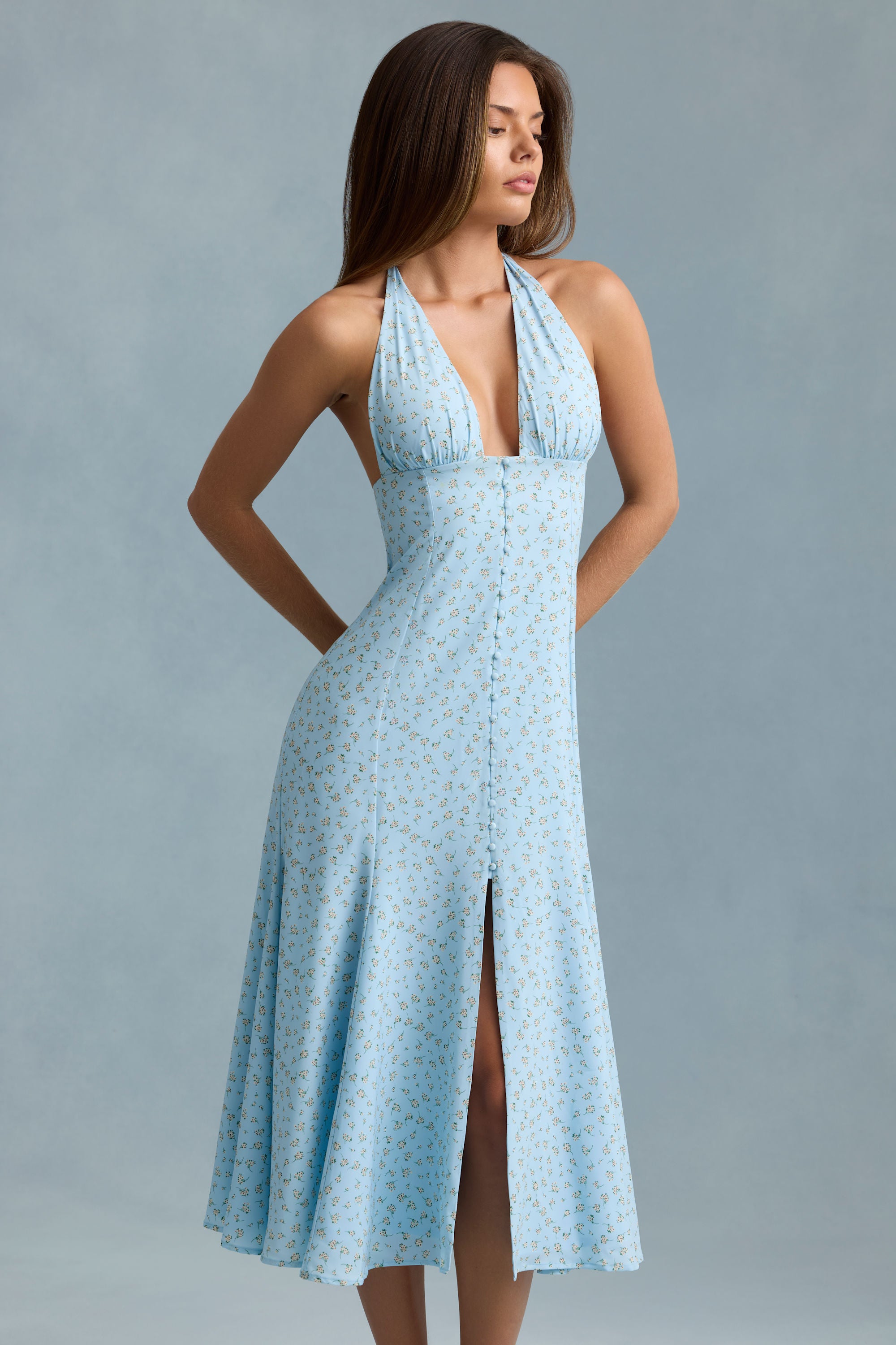 Halterneck Midaxi Dress in Blue Flower Print