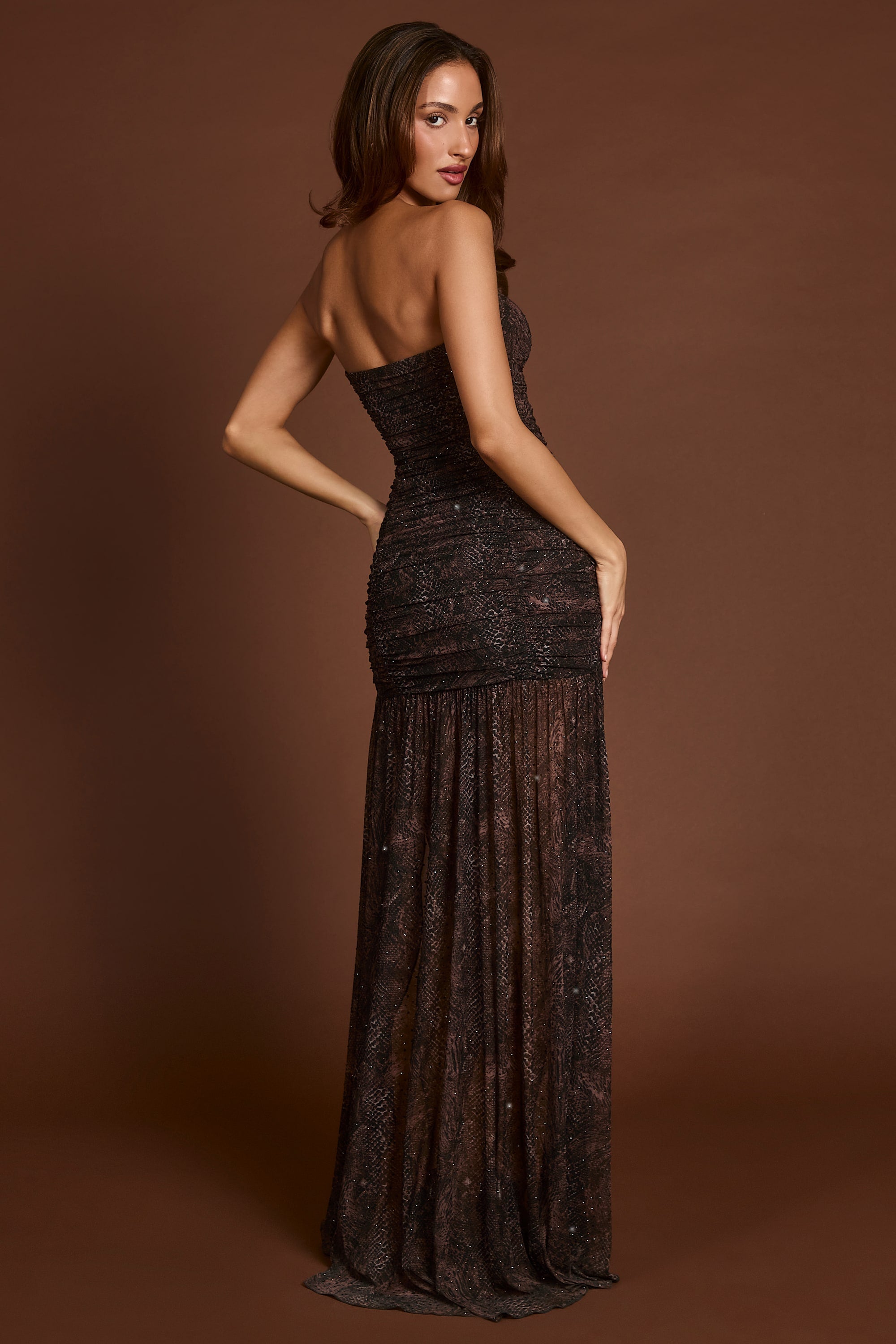 Embellished Bandeau Gathered Maxi Dress in Snake Hotfix
