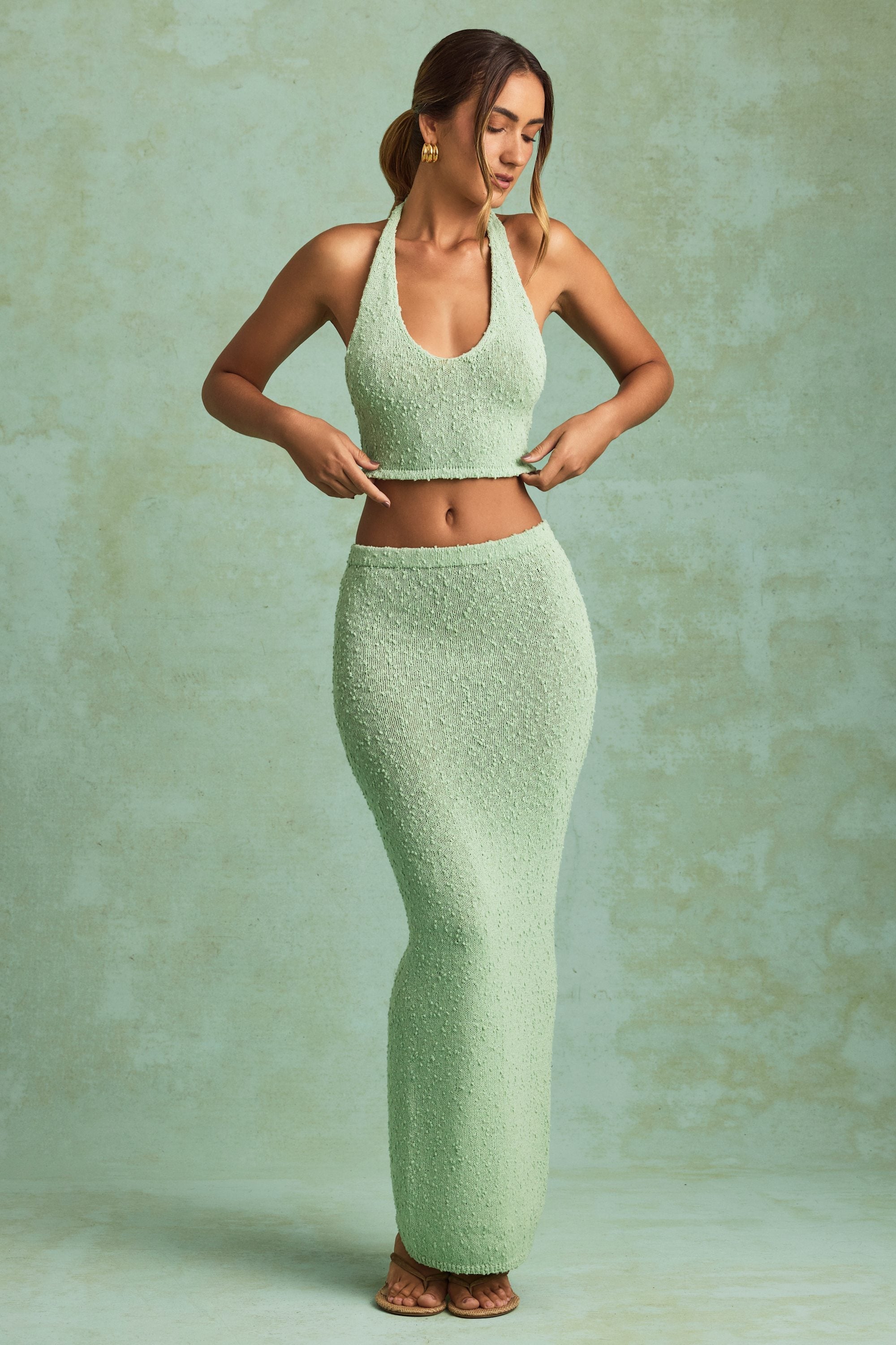Bouclé Mid-Rise Maxi Skirt in Mint