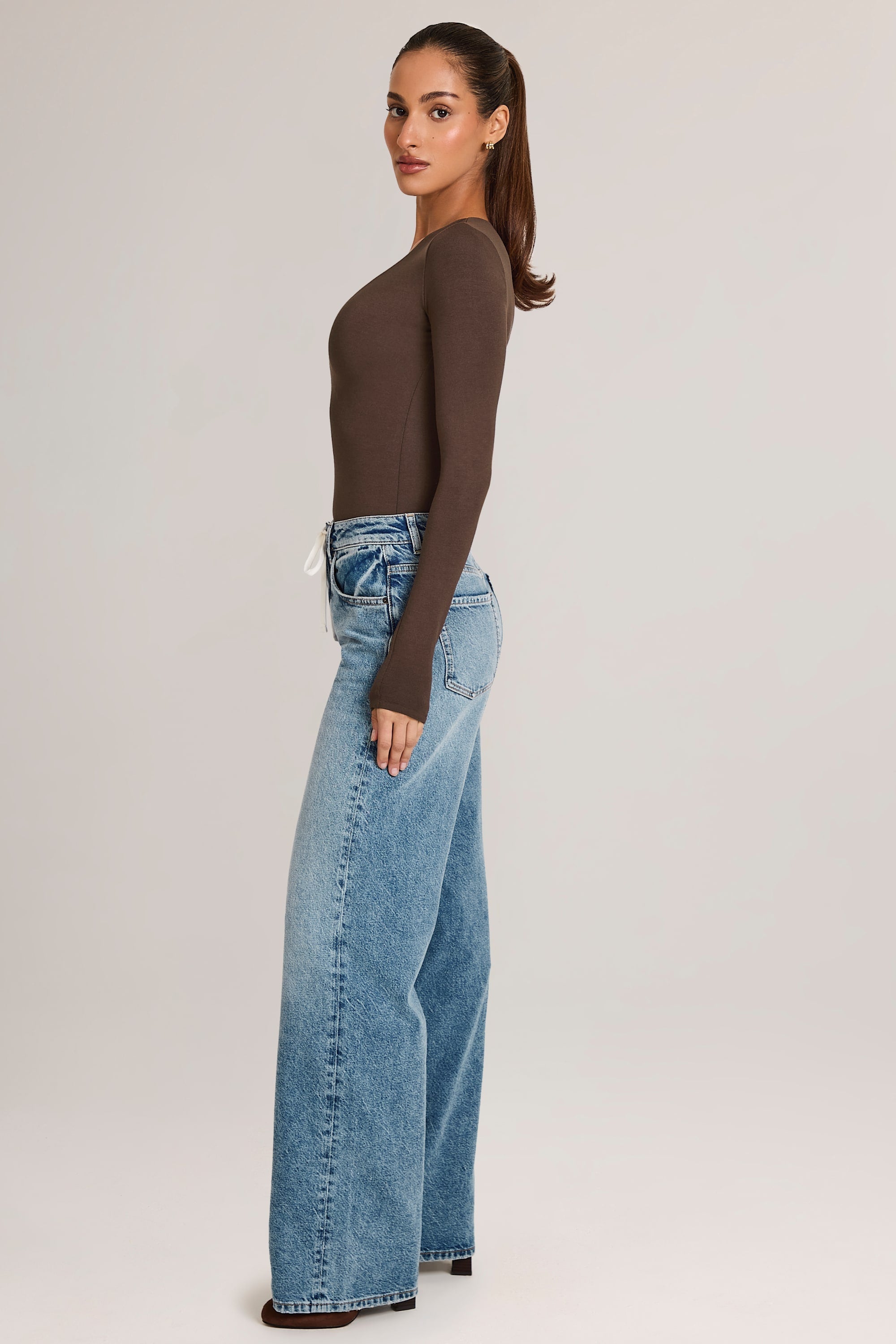 Drawstring Straight-Leg Jeans in Mid Wash
