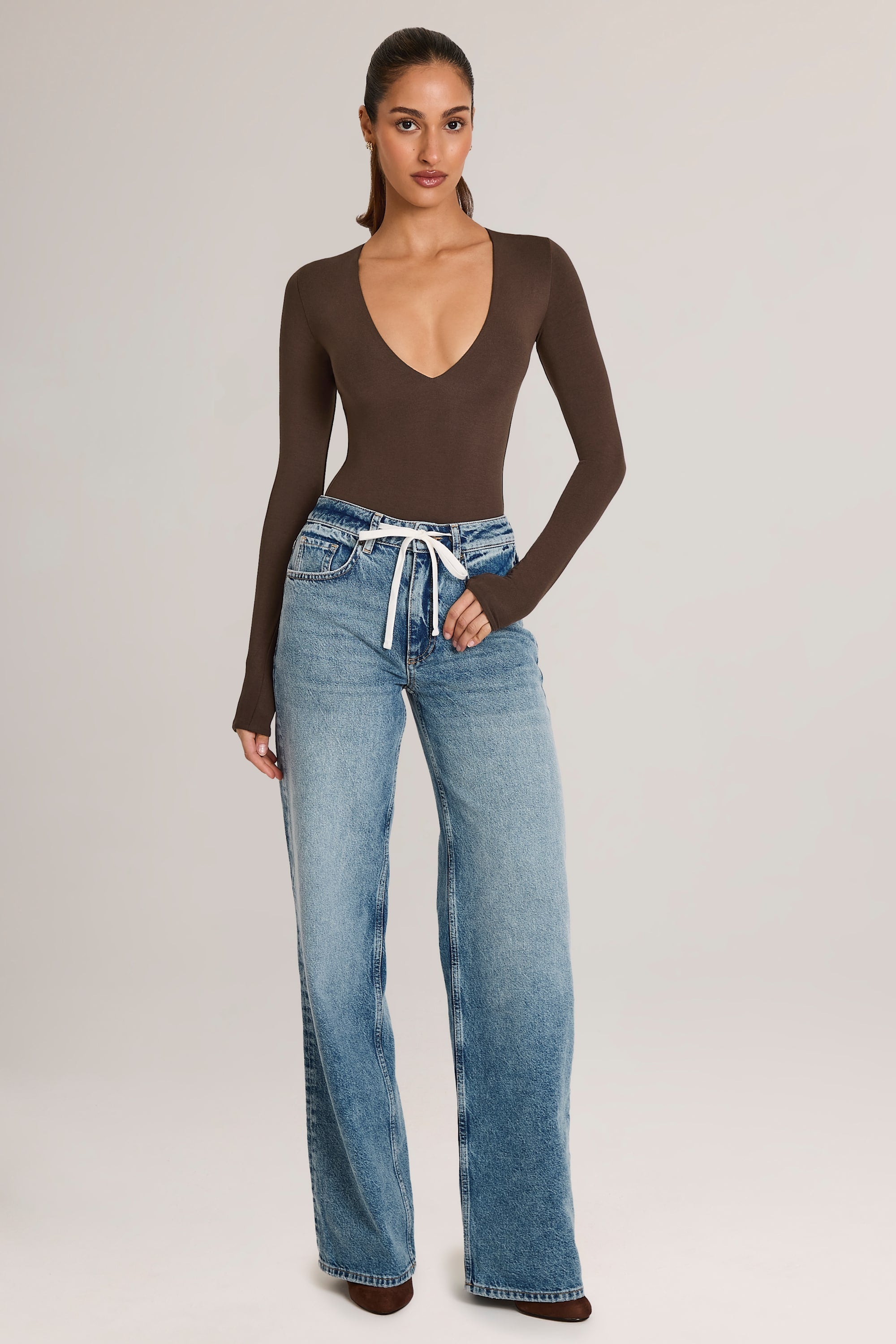 Drawstring Straight-Leg Jeans in Mid Wash