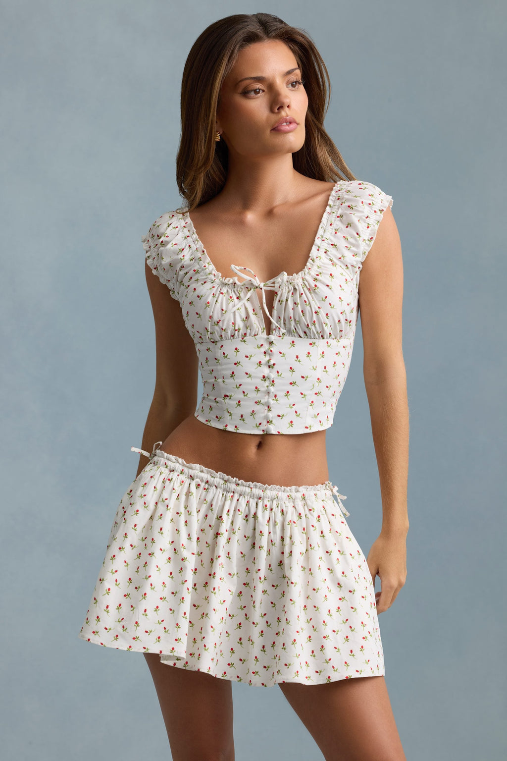 Ruched Cotton-Poplin Corset Top in Rose Print