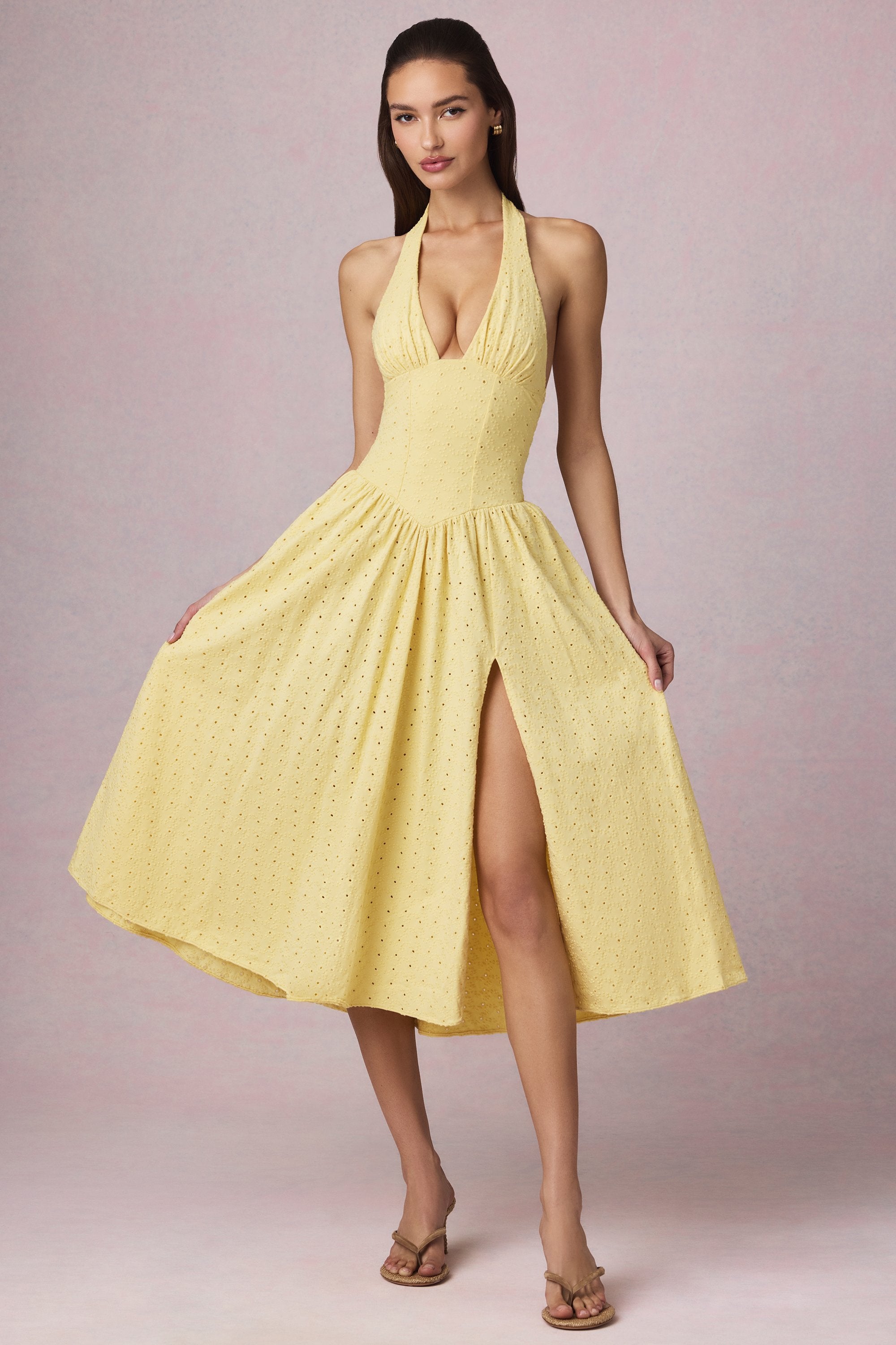 Broderie Anglaise Halterneck Midaxi Dress in Lemon Yellow