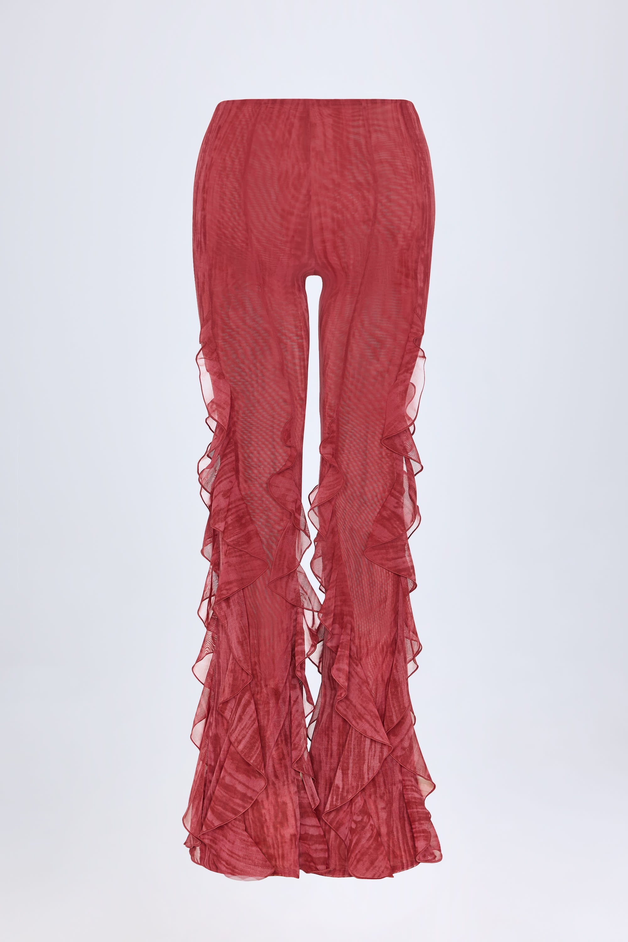 Ruffled Mid-Rise Flared Trousers in Red Print