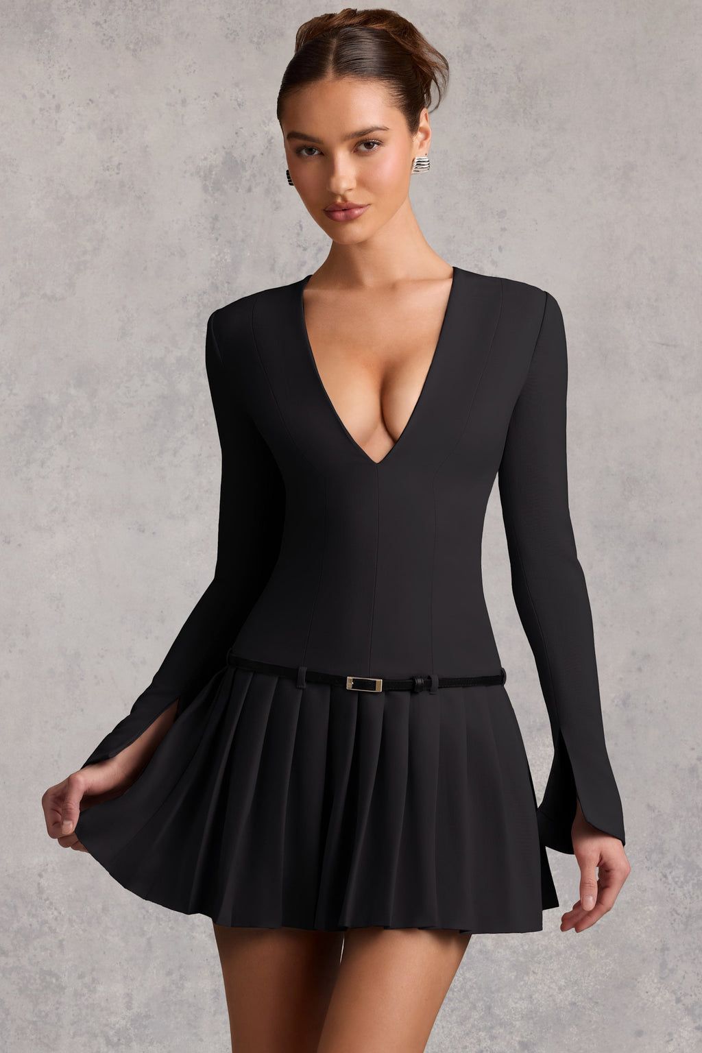 Long-Sleeve Pleated Mini Dress in Black