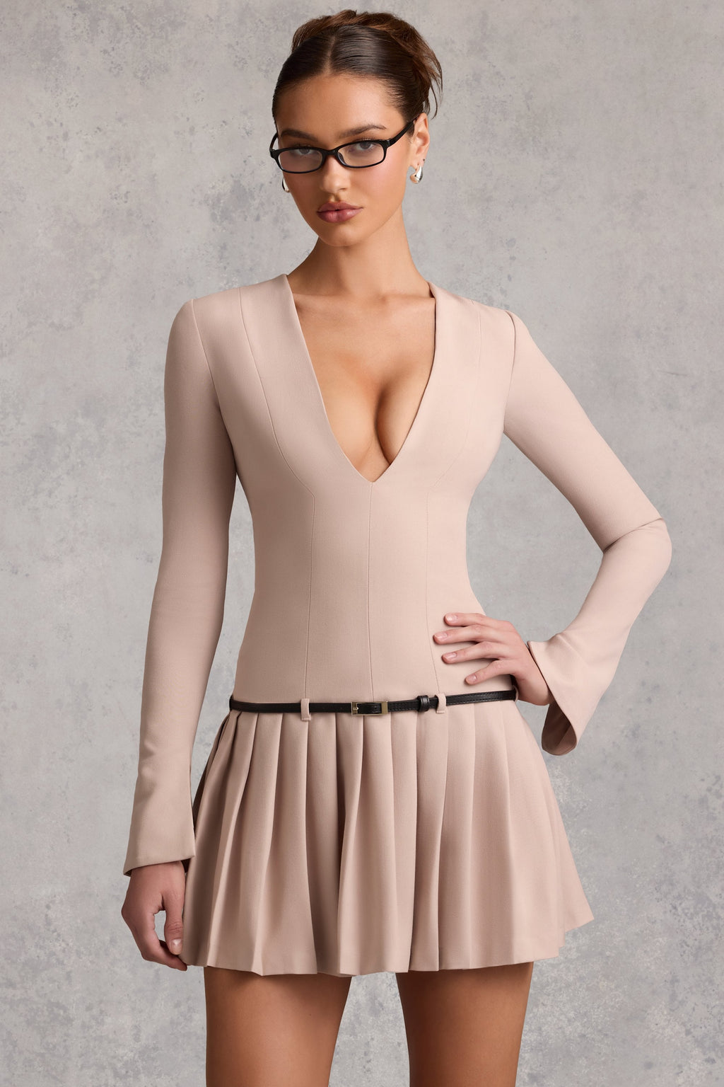 Long-Sleeve Pleated Mini Dress in Mushroom