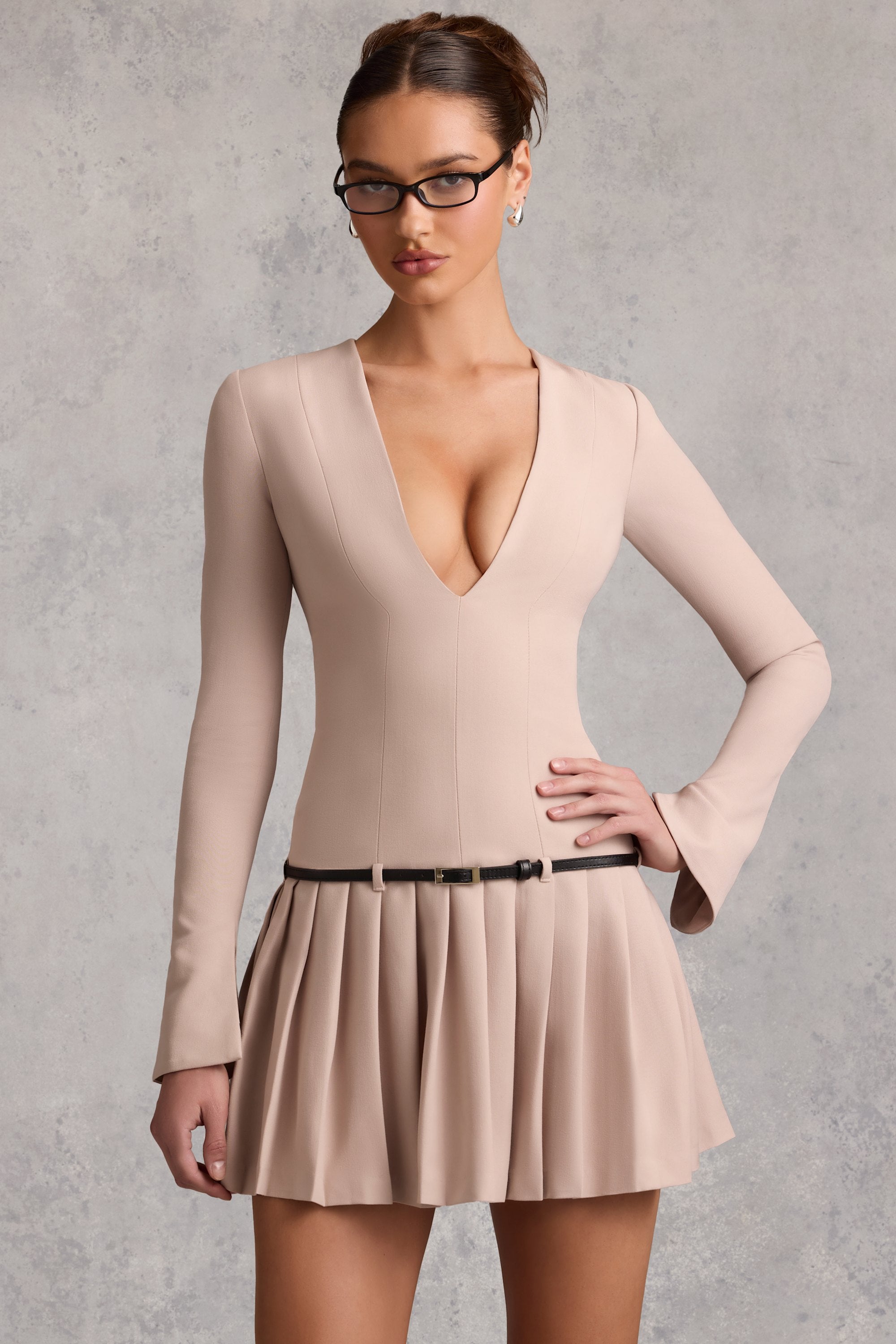 Long-Sleeve Pleated Mini Dress in Mushroom