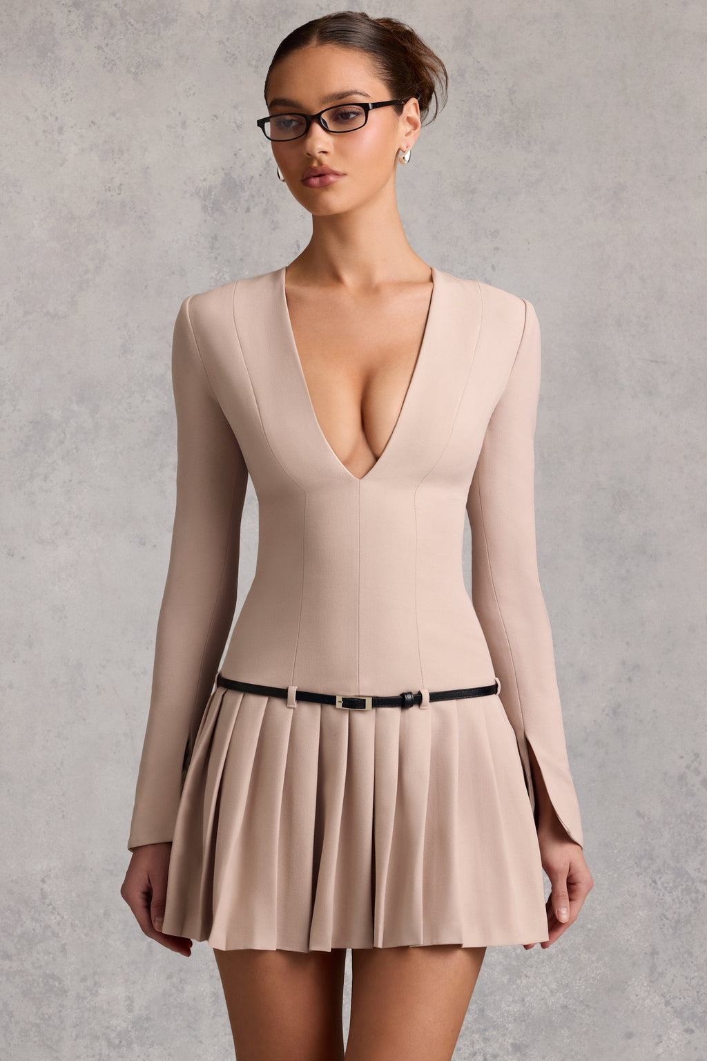 Long-Sleeve Pleated Mini Dress in Mushroom