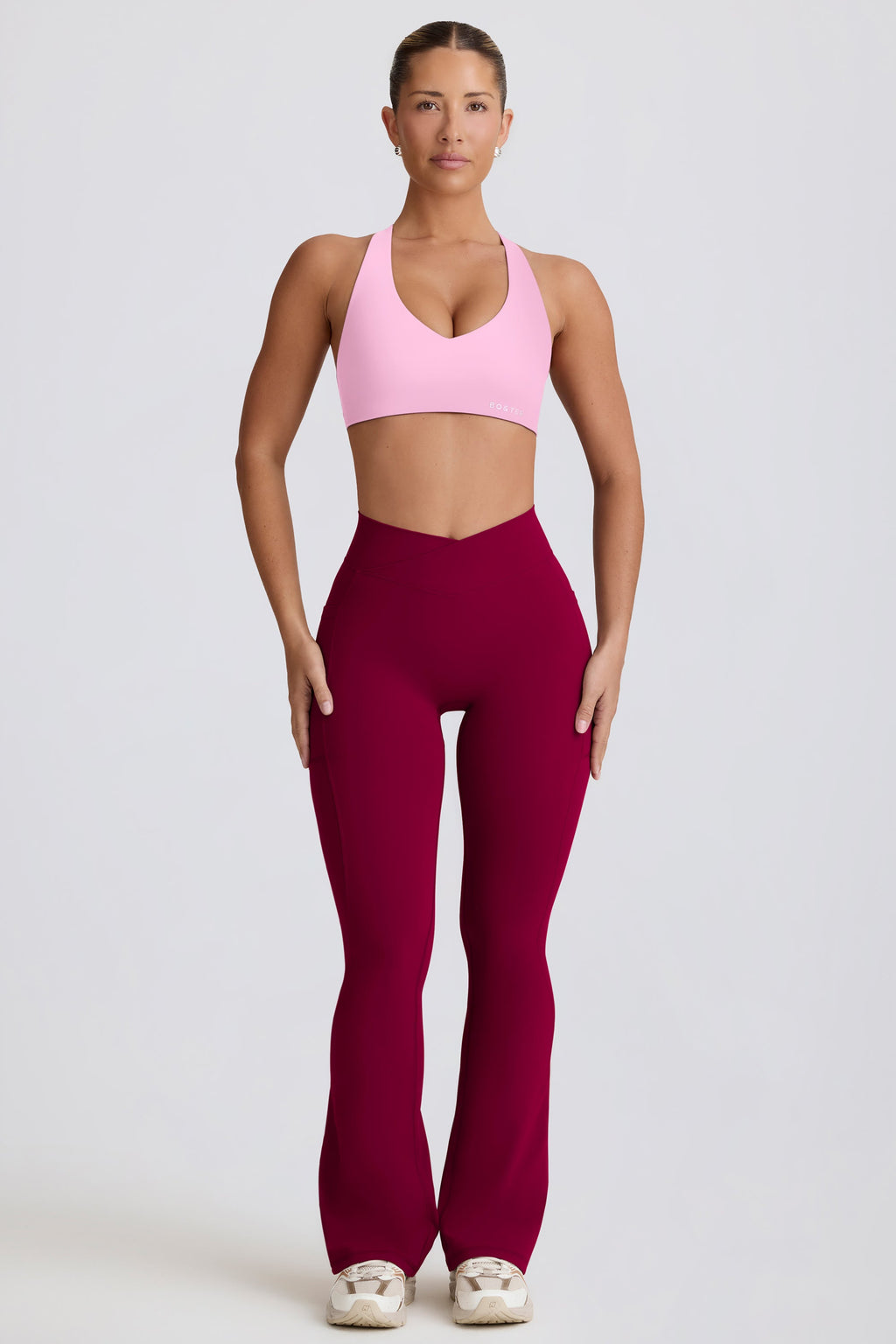 Soft Active V-Waist Pocket Flared Leggings in Burgundy