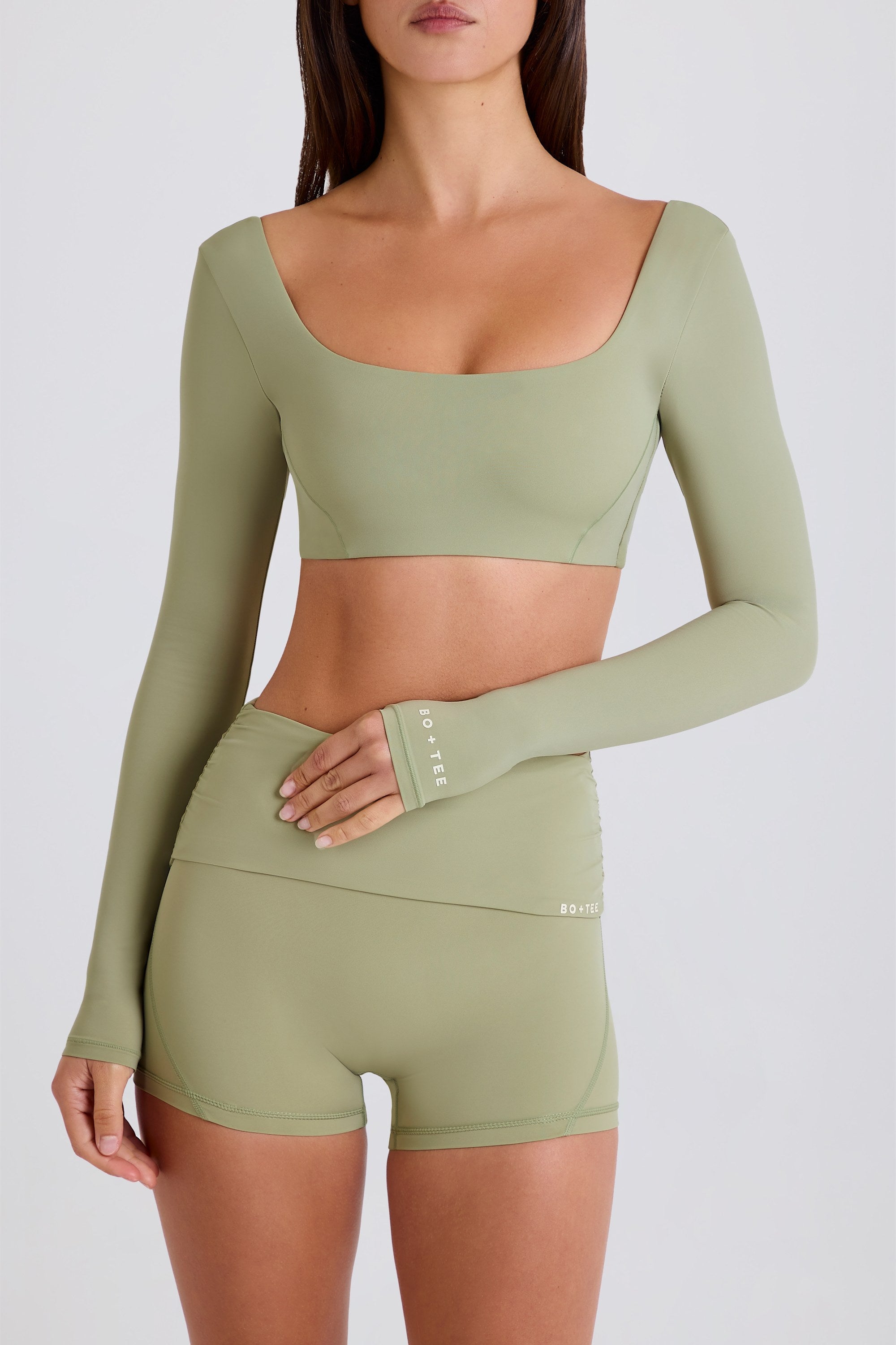 Four-Way Stretch Foldover Mid-Rise Mini Shorts in Matcha