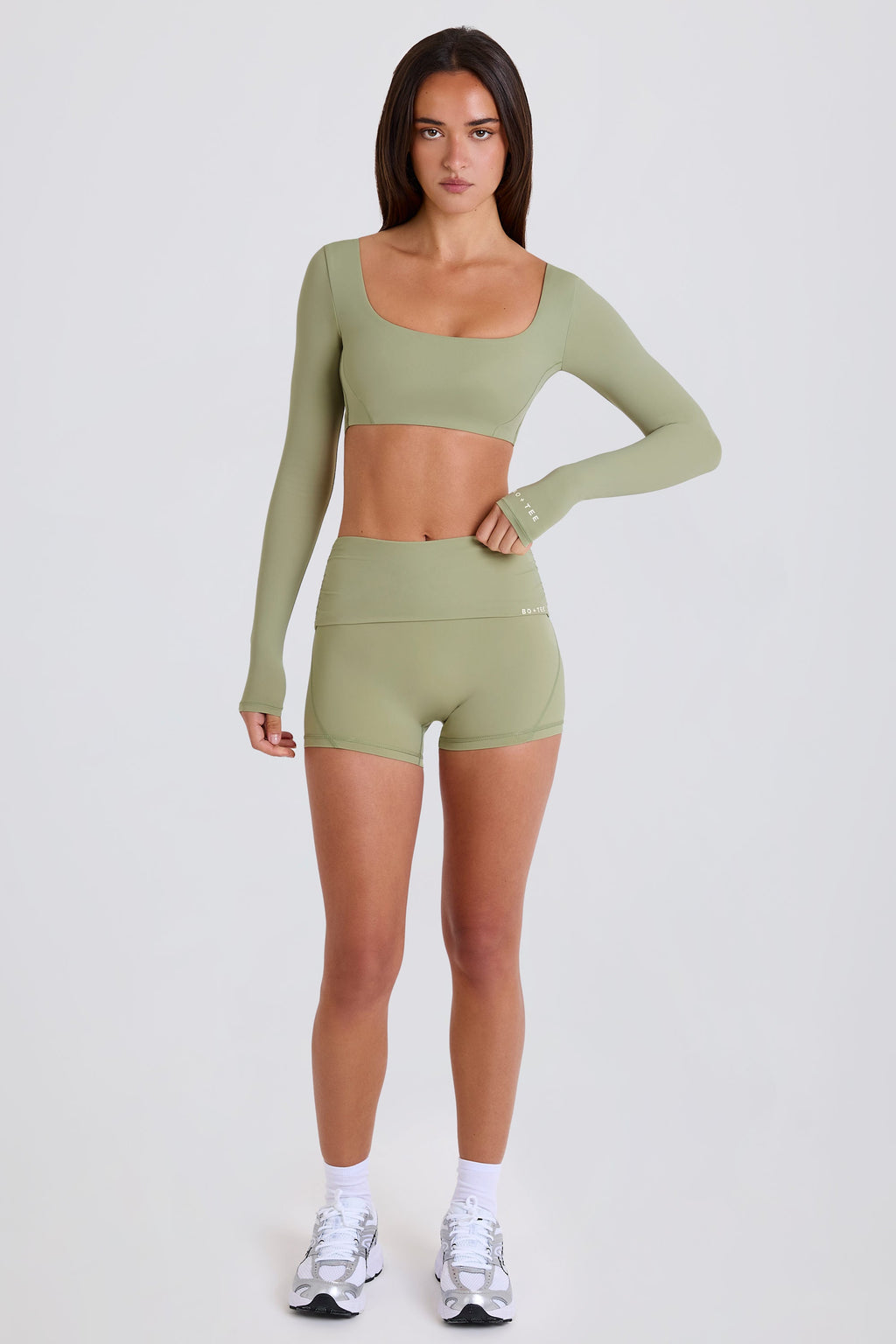 Four-Way Stretch Foldover Mid-Rise Mini Shorts in Matcha