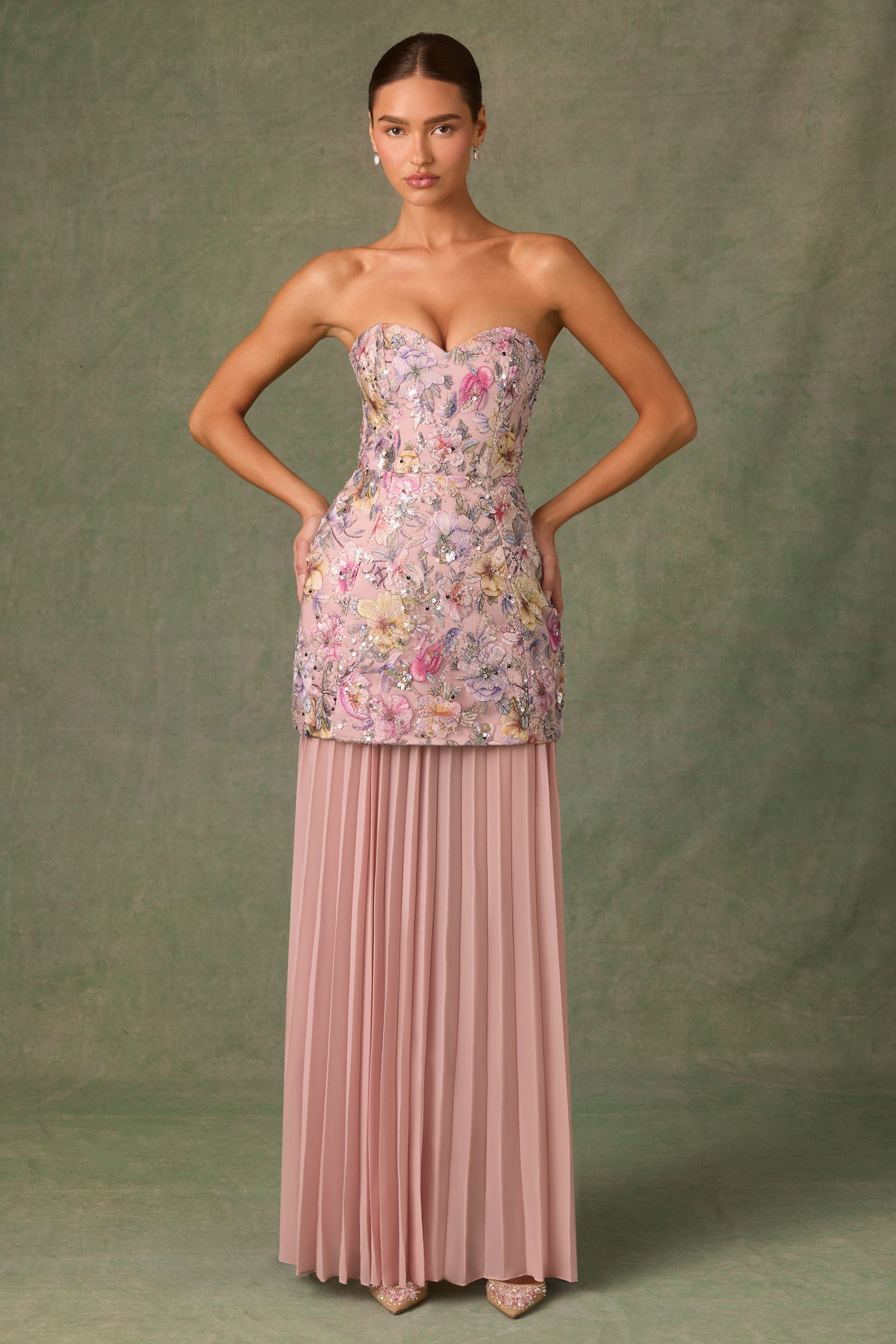 Embellished Convertible Lace-Up Gown in Floral Pink