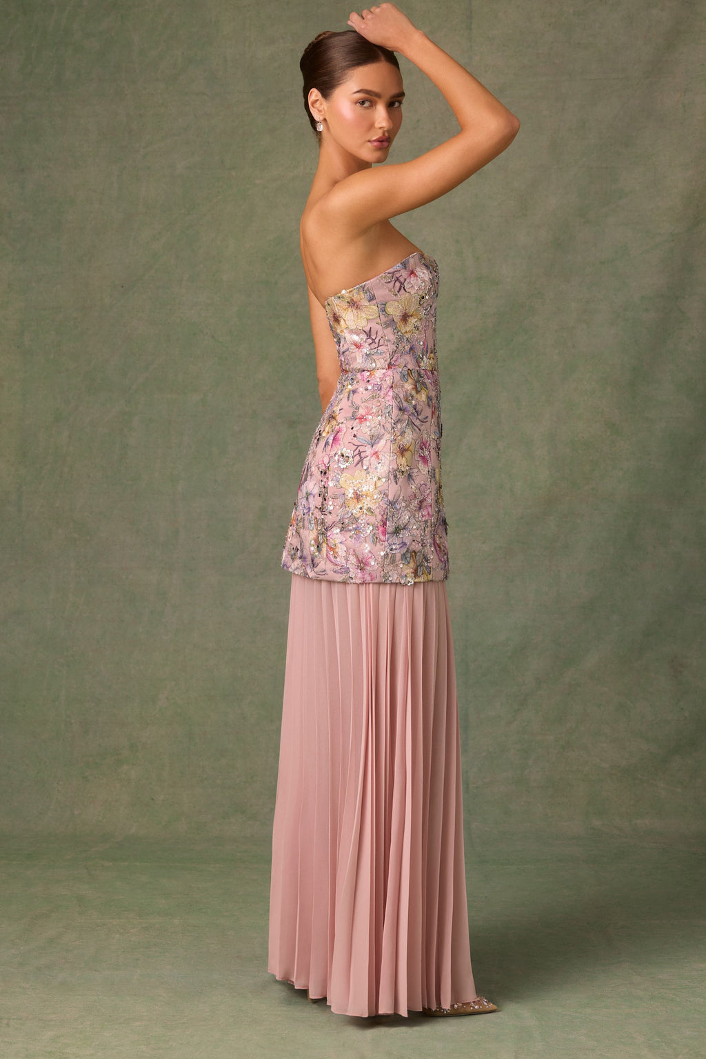Embellished Convertible Lace-Up Gown in Floral Pink