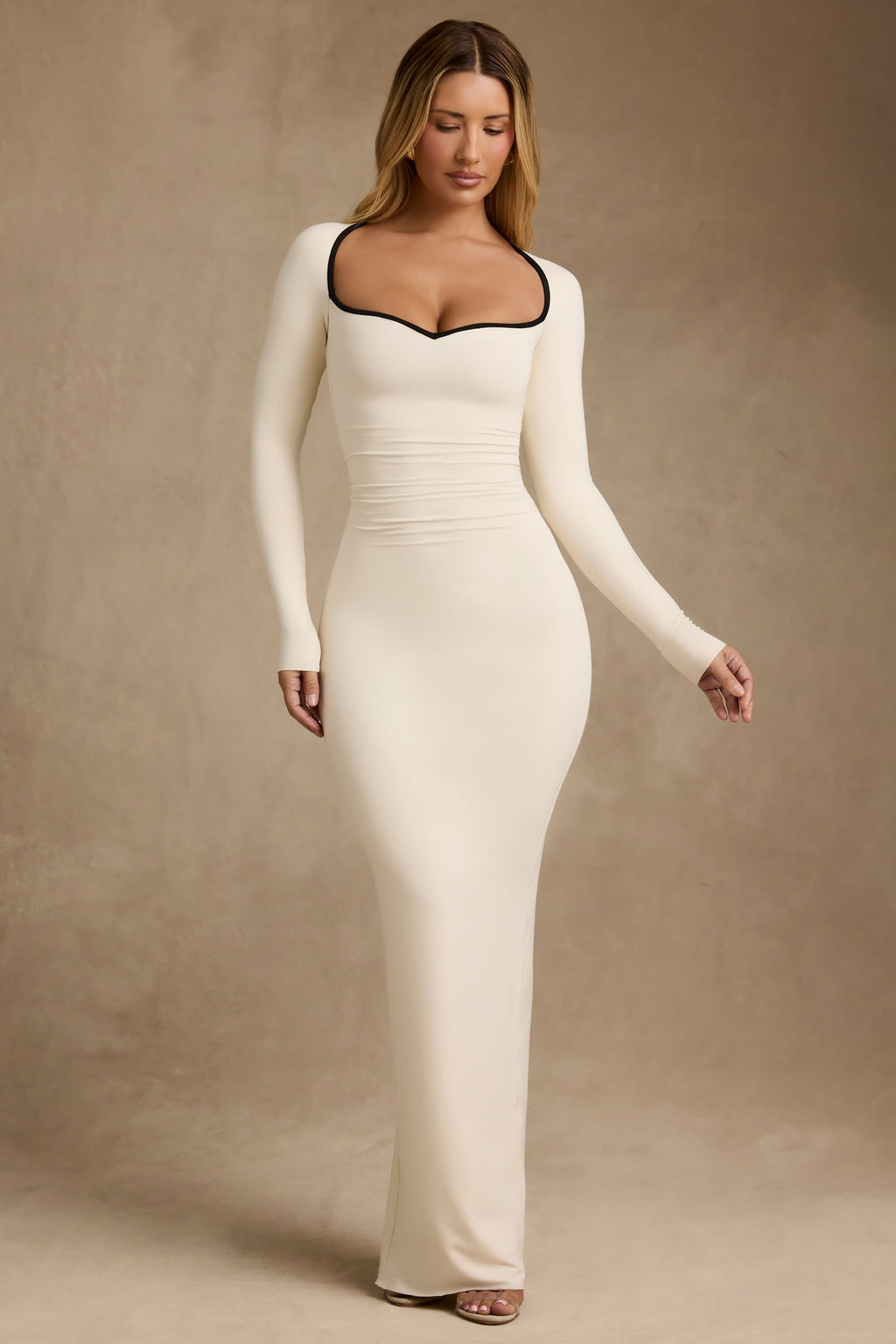 Modal Contrast-Trim Maxi Dress in Ivory