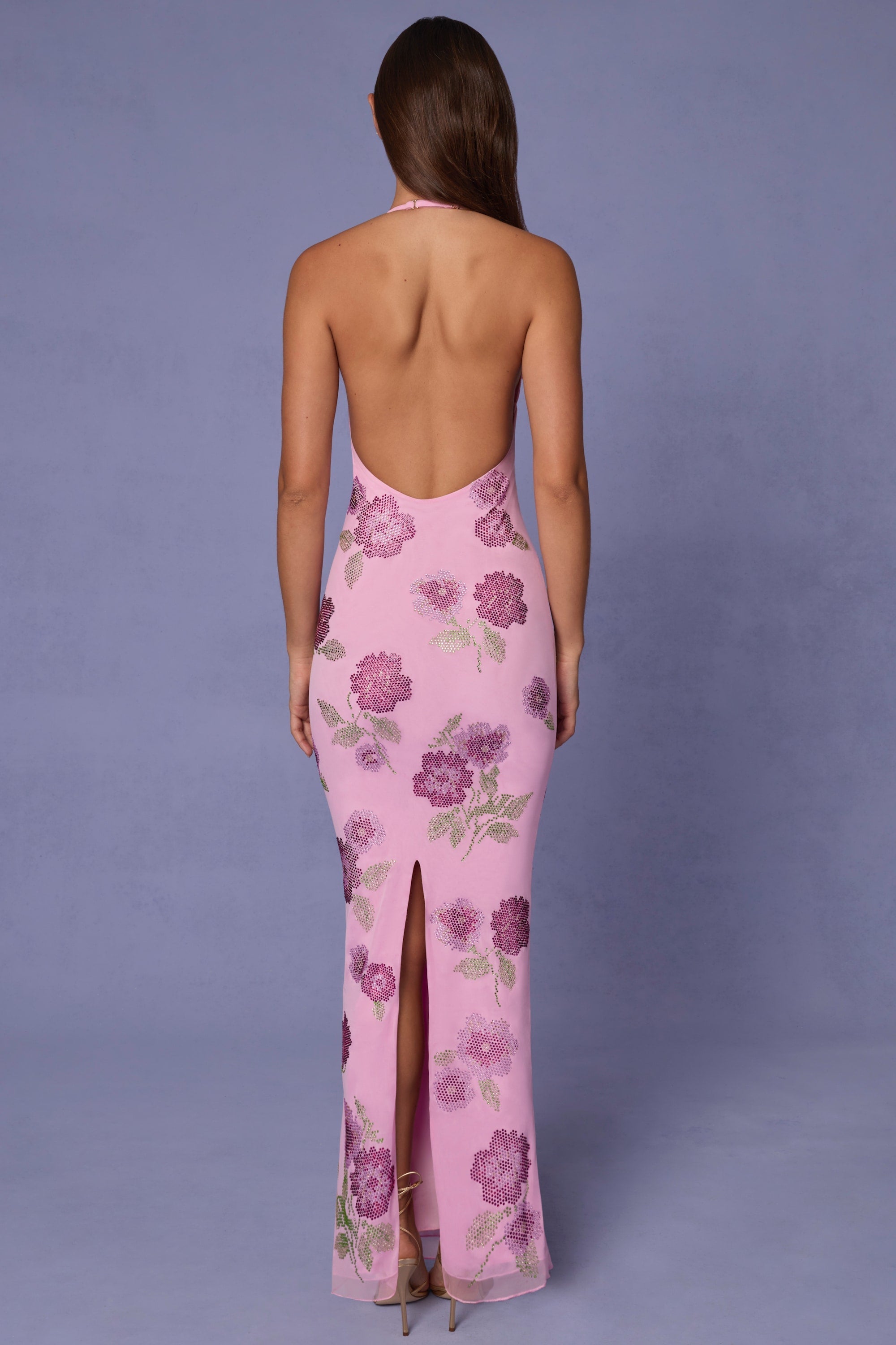 Embellished Halterneck Maxi Dress in Soft Pink