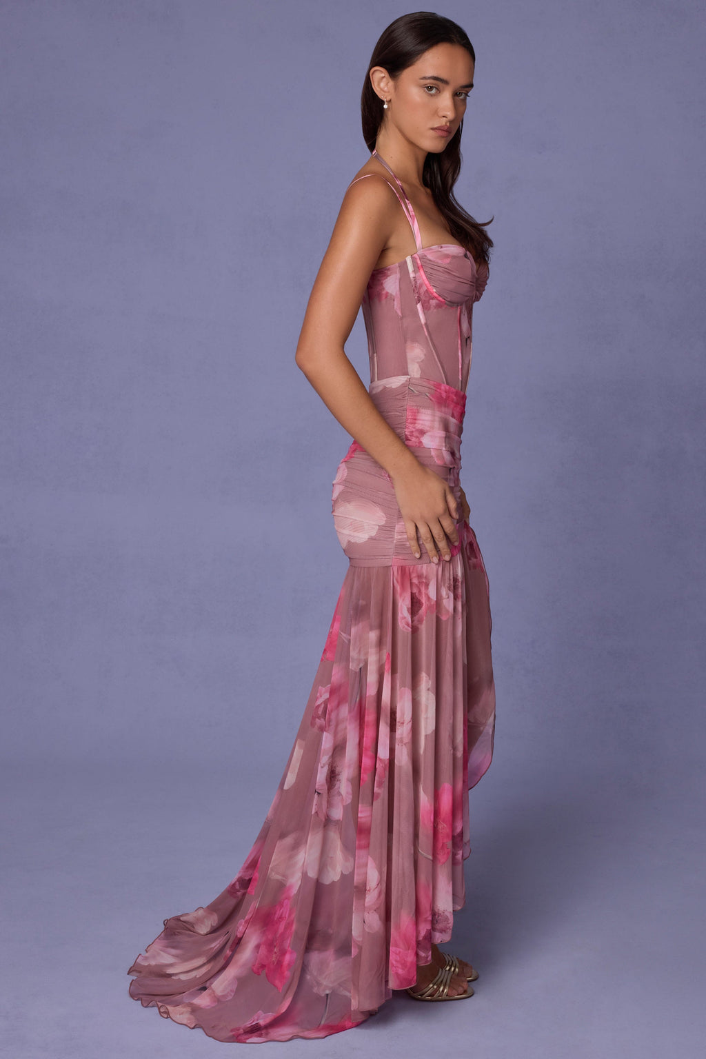 Ruched Asymmetric Corset Gown in Blurred Floral