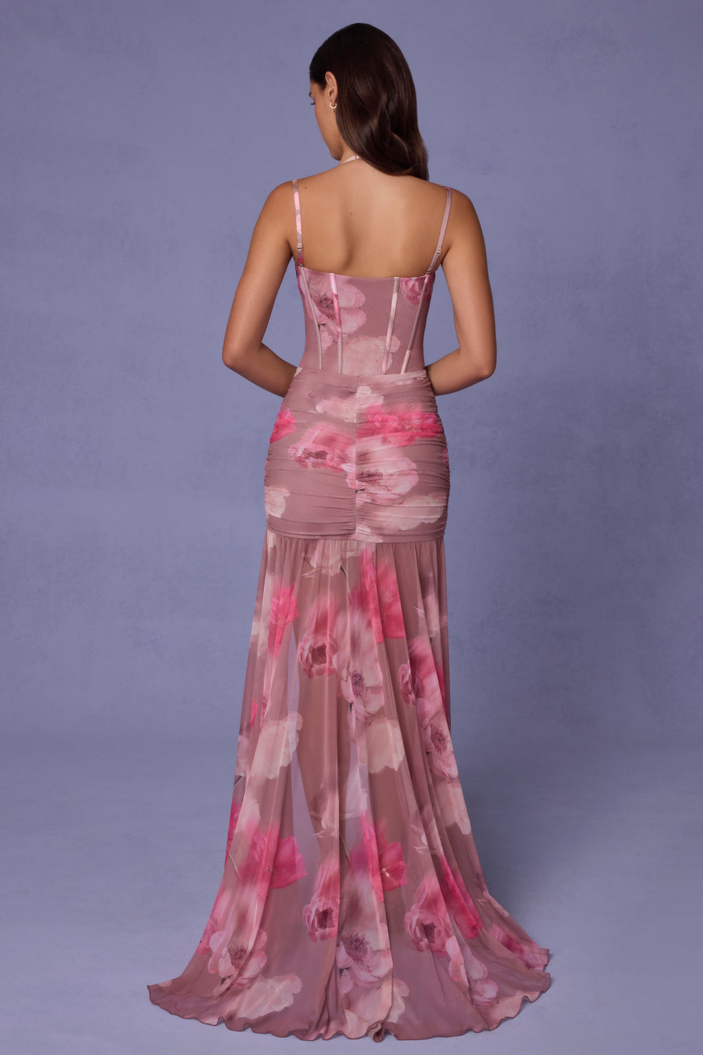 Ruched Asymmetric Corset Gown in Blurred Floral