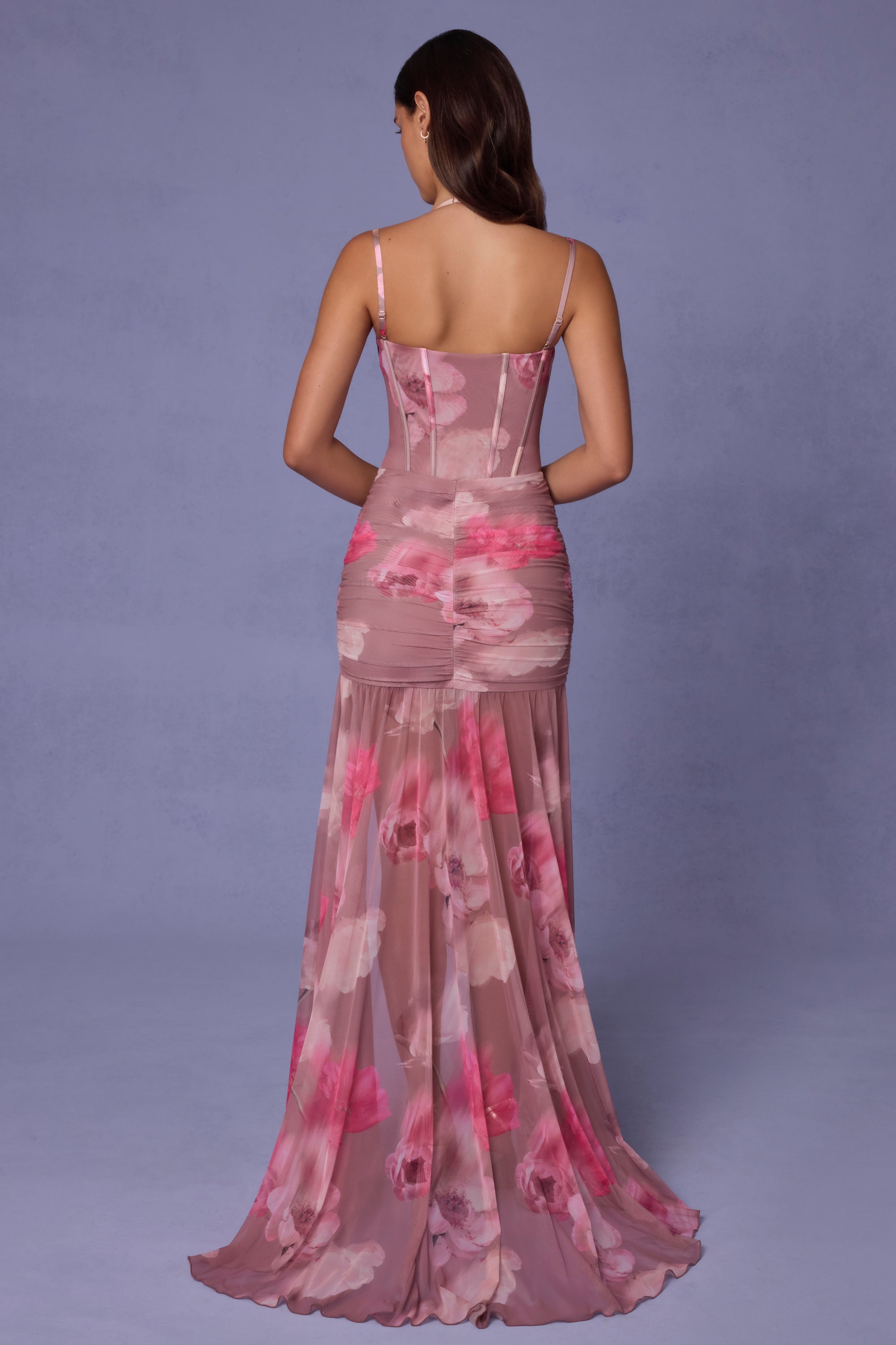 Ruched Asymmetric Corset Gown in Blurred Floral