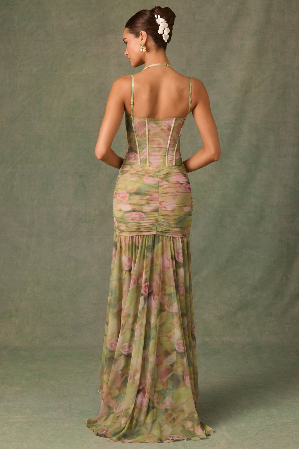 Ruched Asymmetric Corset Gown in Floral Multi Print